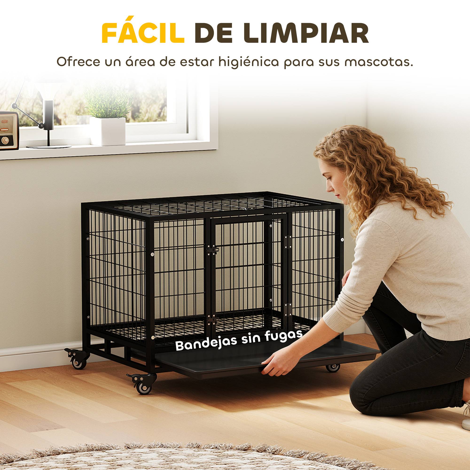 Cage métallique pour chien, roues et freins, bac amovible, porte verrouillable, 92x62x75 cm, noir - Image 8