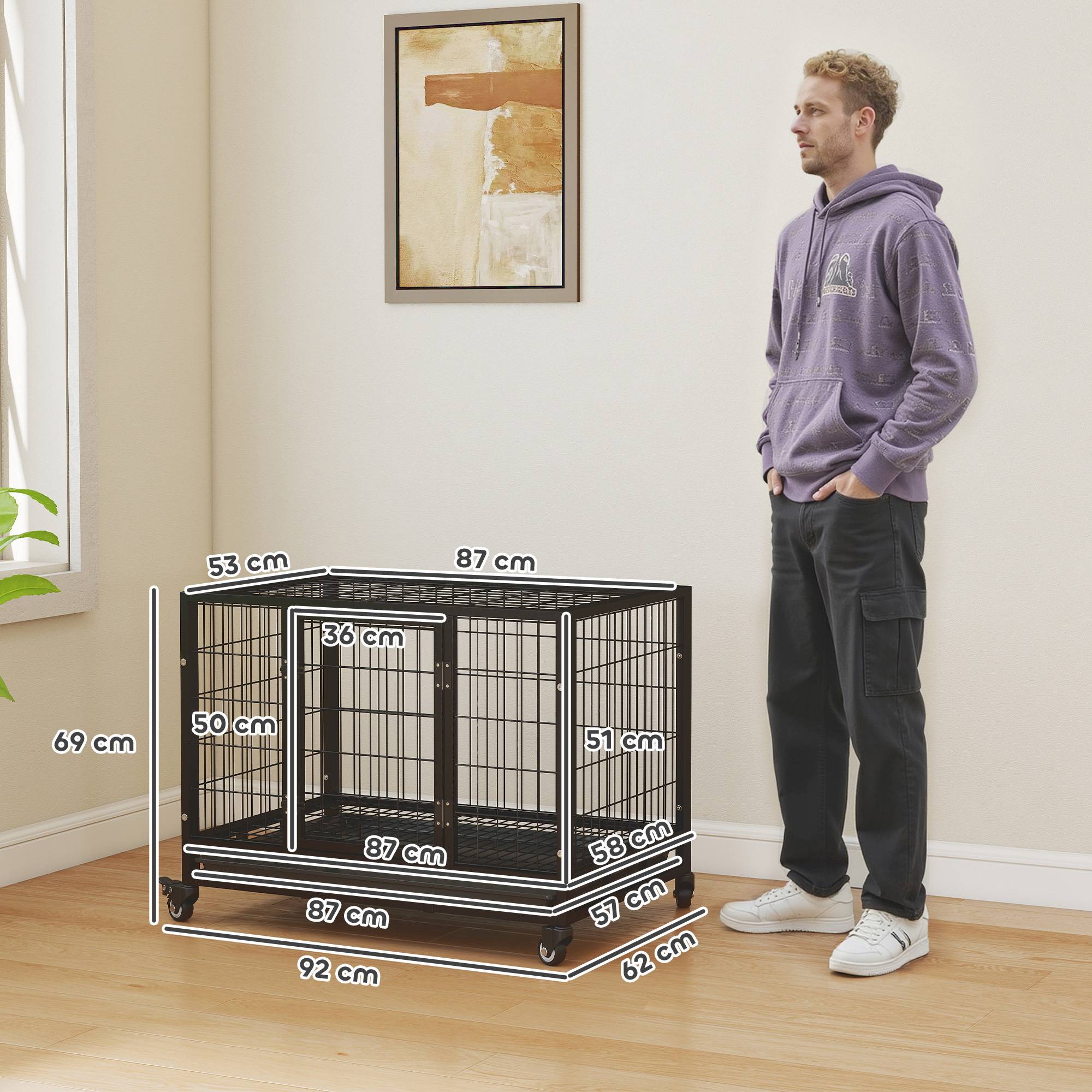 Cage métallique pour chien, roues et freins, bac amovible, porte verrouillable, 92x62x75 cm, noir - Image 5