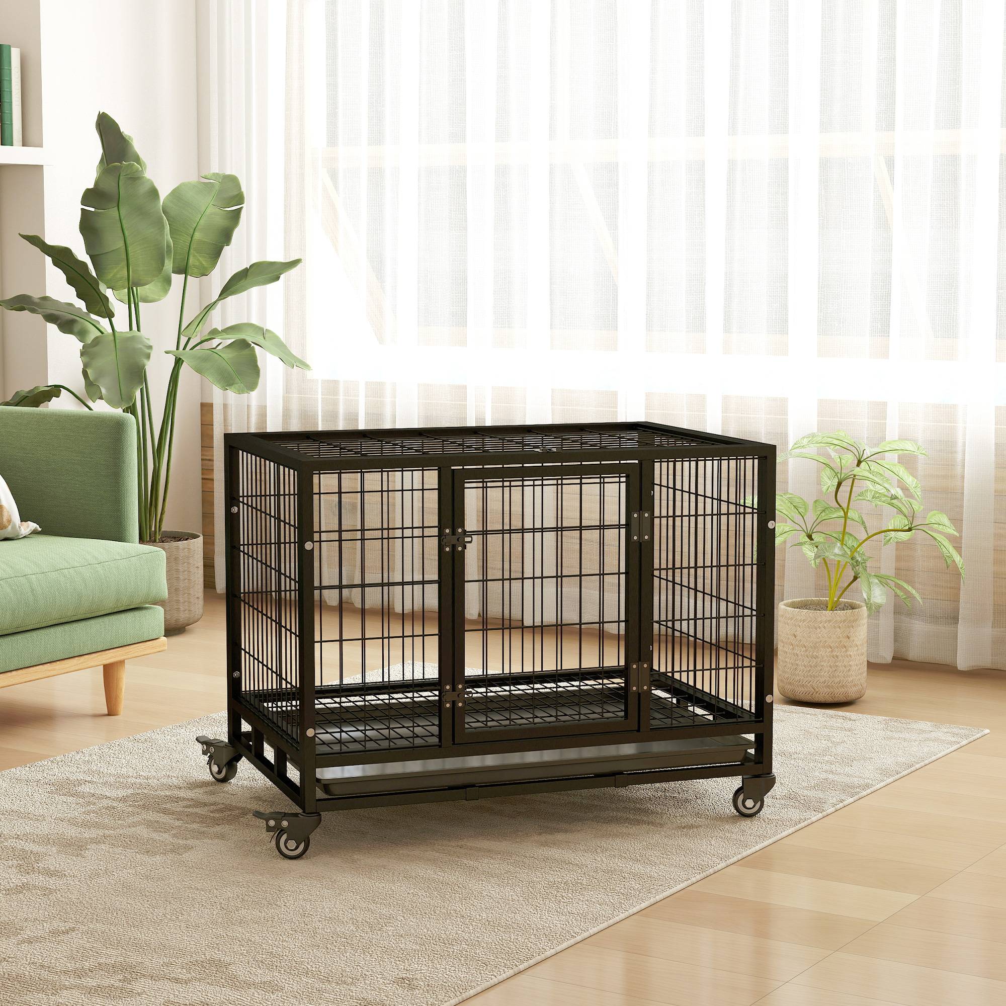 Cage métallique pour chien, roues et freins, bac amovible, porte verrouillable, 92x62x75 cm, noir - Image 10