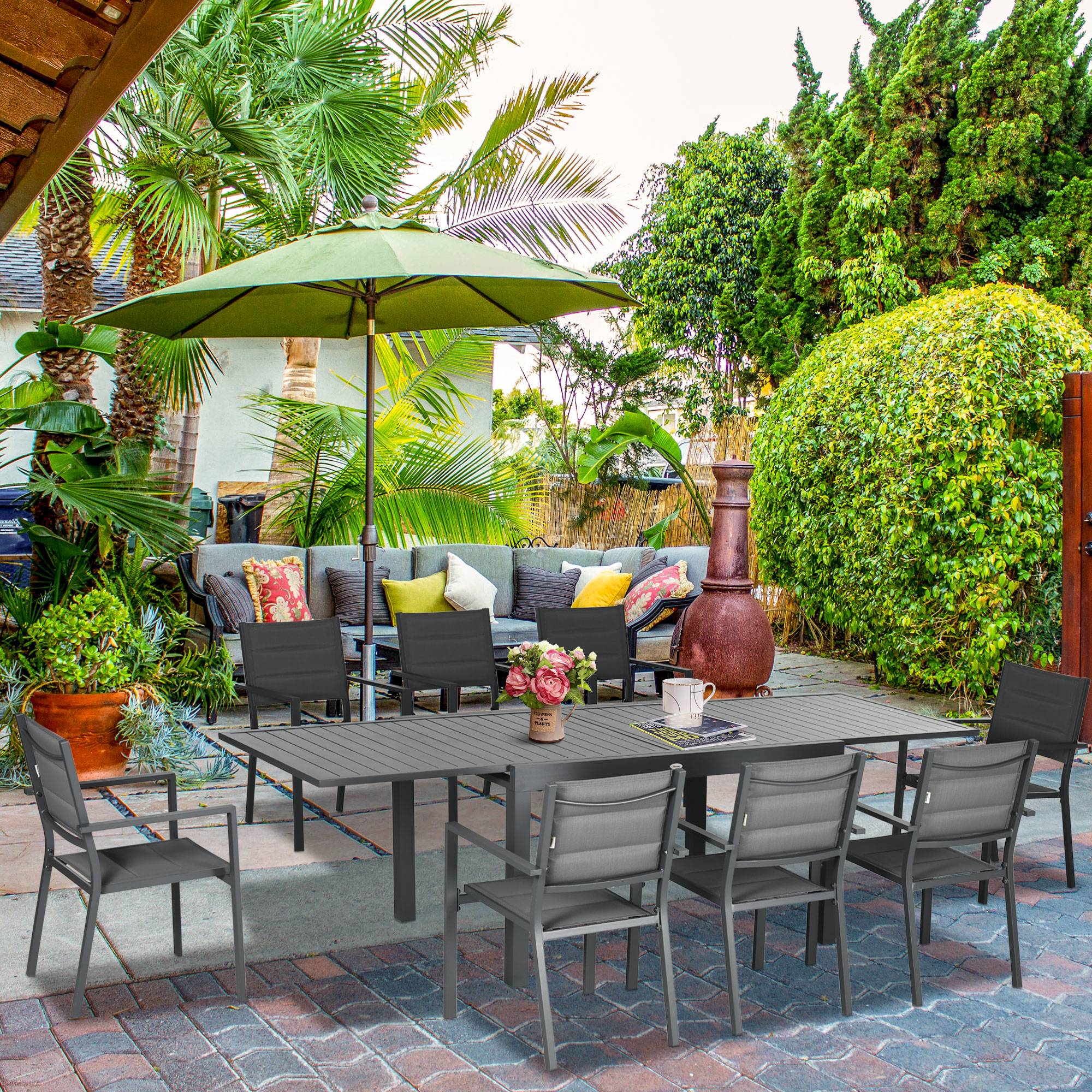 Outsunny - Ensemble de jardin 8 personnes chaises empilables table extensible 135/270L cm alu. textilène gris - Outsunny - Image 2
