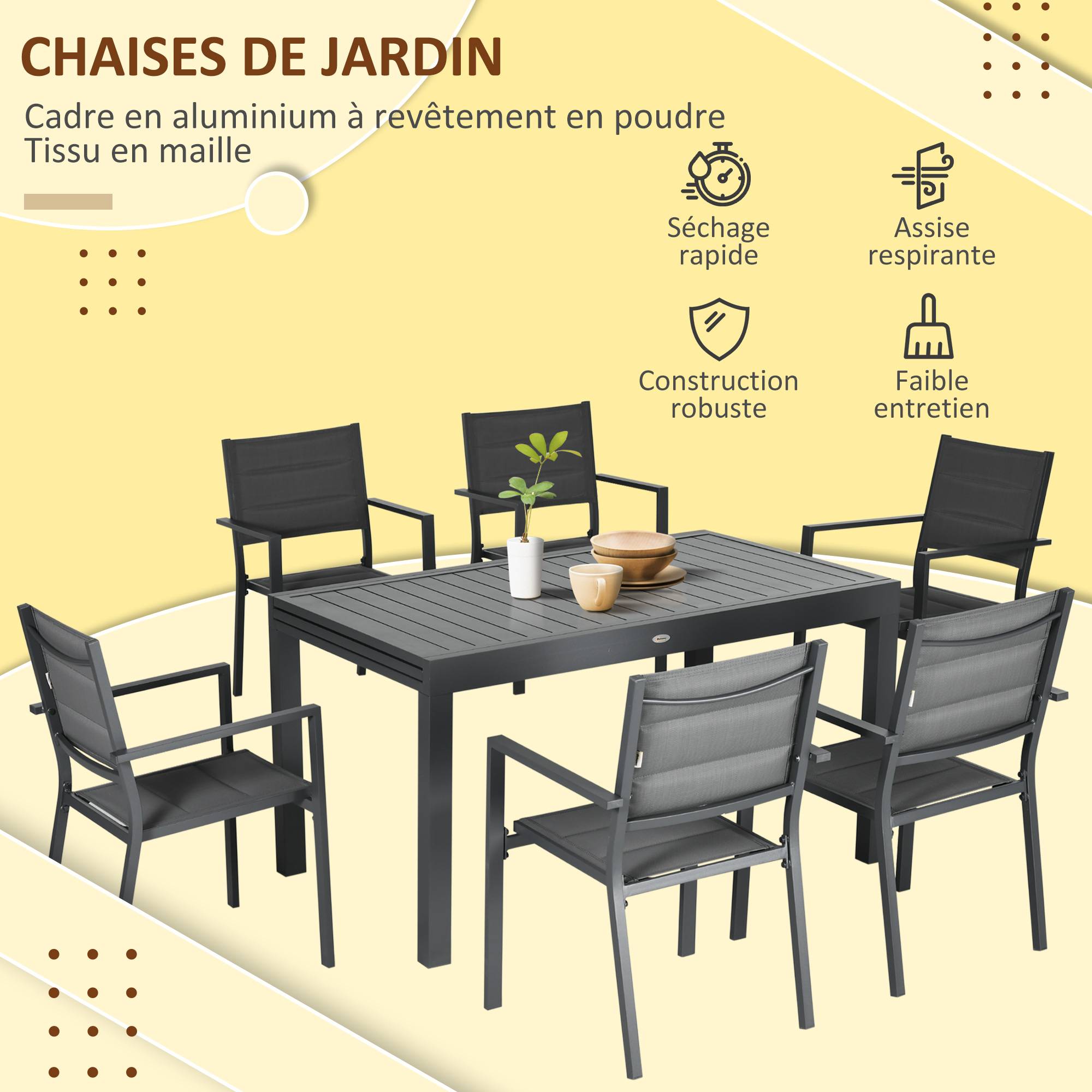 Outsunny - Ensemble de jardin 8 personnes chaises empilables table extensible 135/270L cm alu. textilène gris - Outsunny - Image 7