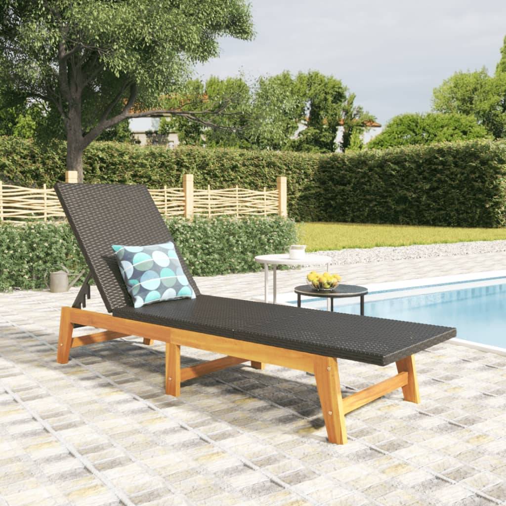 Chaise longue | Transat | Bain de soleil Noir/marron Résine tressée/bois massif d'acacia - Image 2