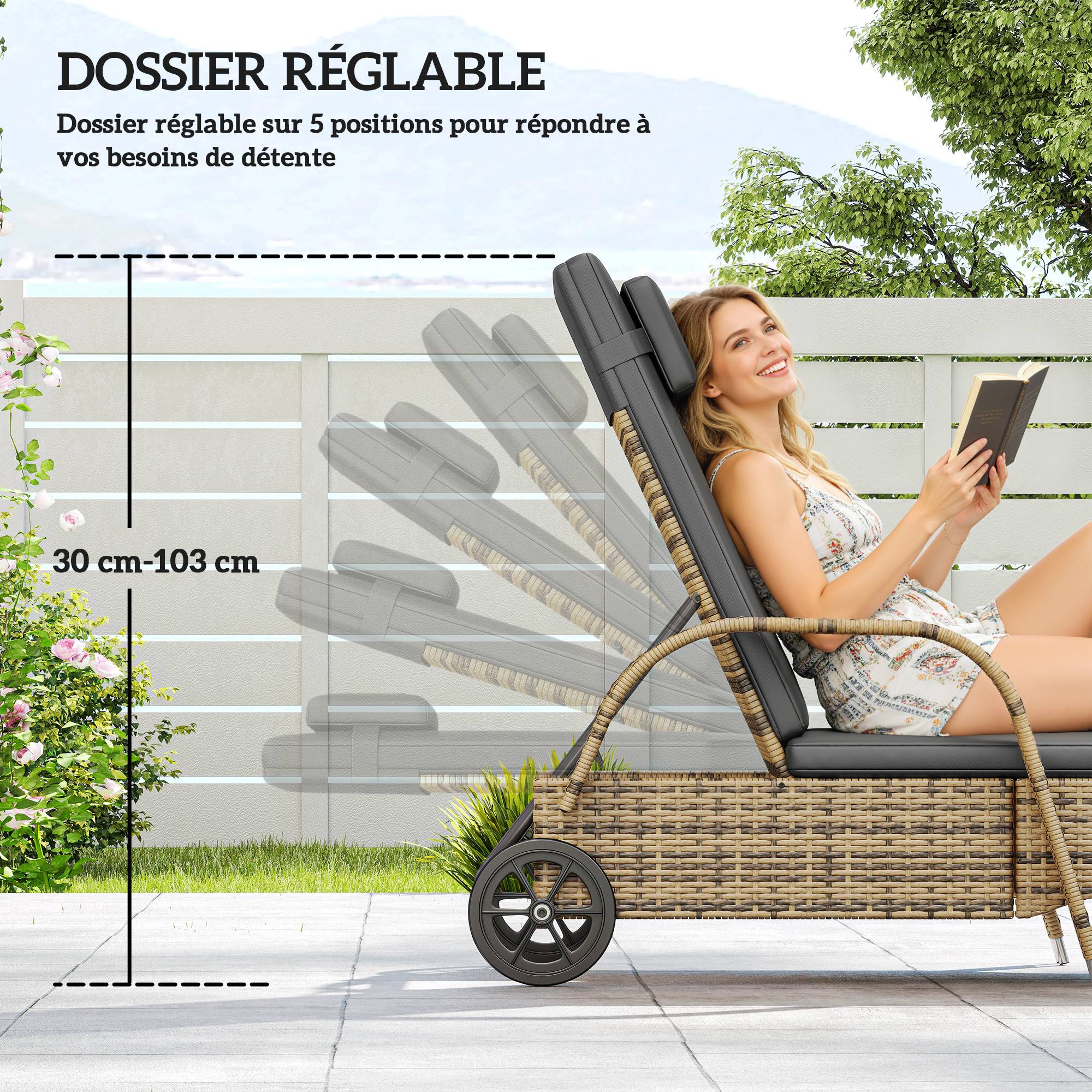 ComfortXL - Transat résine tressée jardin dossier inclinable roues 200x73x103cm jaune gris - ComfortXL Outdoor Living - Image 8