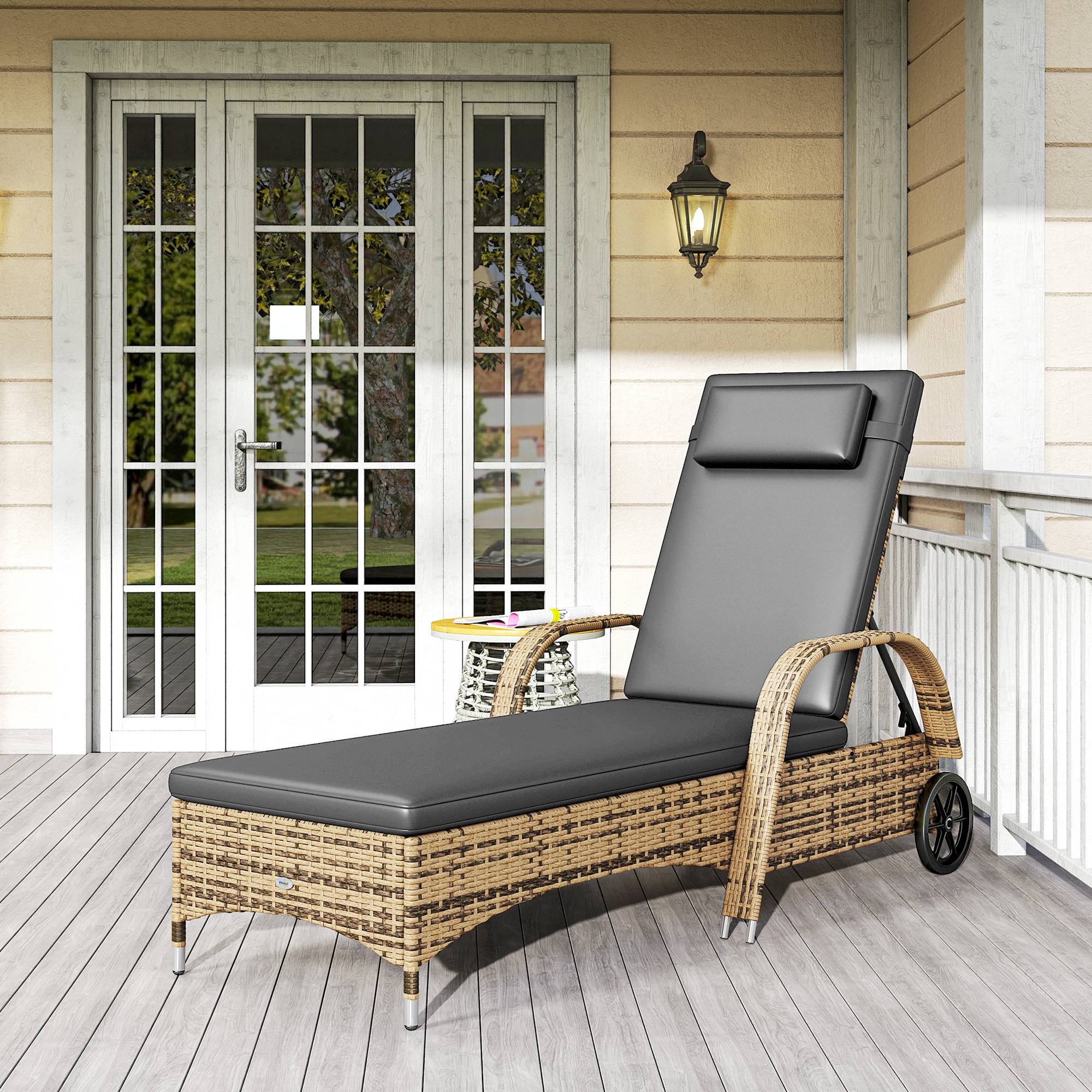 ComfortXL - Transat résine tressée jardin dossier inclinable roues 200x73x103cm jaune gris - ComfortXL Outdoor Living - Image 4