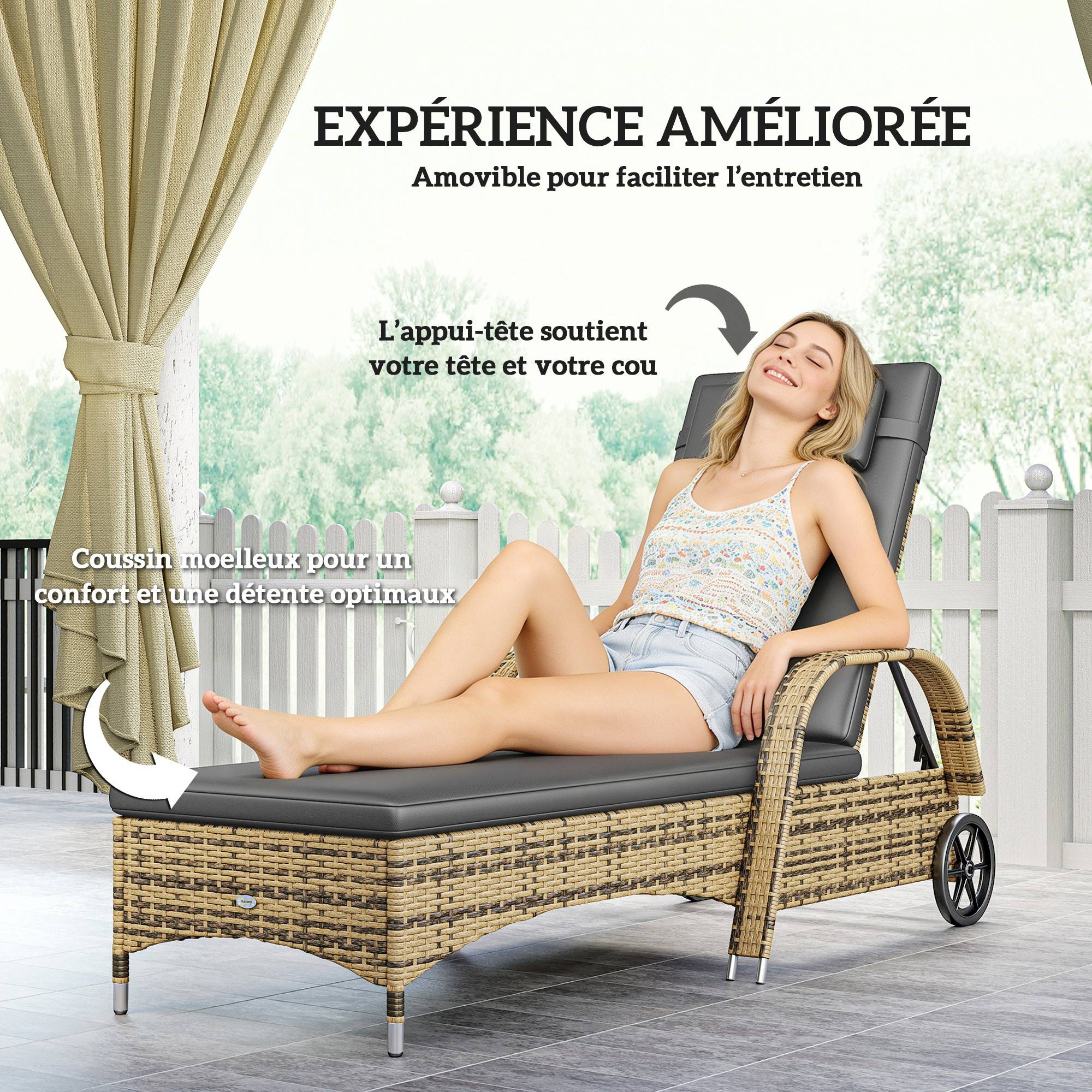 ComfortXL - Transat résine tressée jardin dossier inclinable roues 200x73x103cm jaune gris - ComfortXL Outdoor Living - Image 7