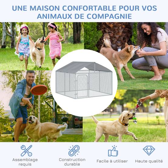 Chenil extérieur acier galvanisé pour chien avec toit sécurisé 230x230x175cm argent - ComfortXL Outdoor Living - Image 9
