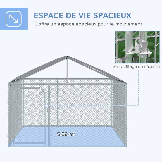 Chenil extérieur acier galvanisé pour chien avec toit sécurisé 230x230x175cm argent - ComfortXL Outdoor Living - Image 6