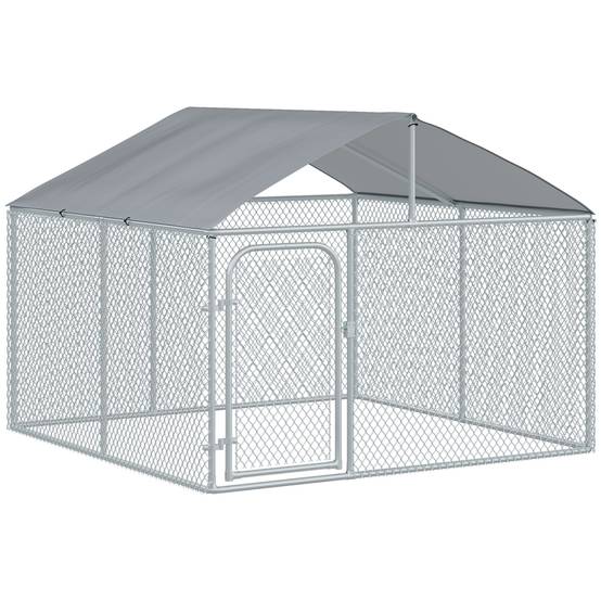 Chenil extérieur acier galvanisé pour chien avec toit sécurisé 230x230x175cm argent - ComfortXL Outdoor Living - Image 1