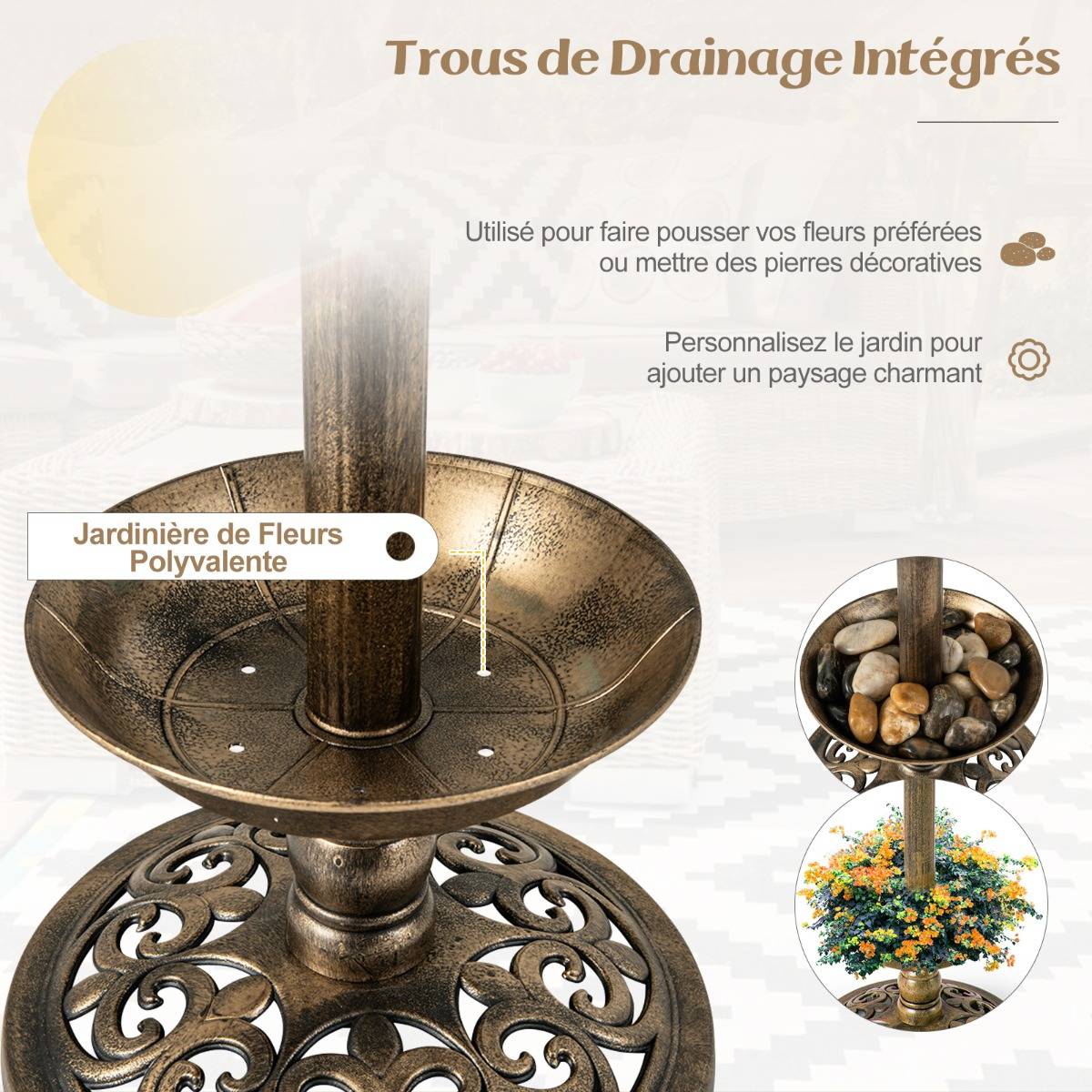 Maison Chic - Bain d'Oiseaux Énergie Solaire Décoration d'Extérieur sur Pied Rétro Éclairé avec 2 Lampes Mangeoire Abreuvoir Bronze - Image 10