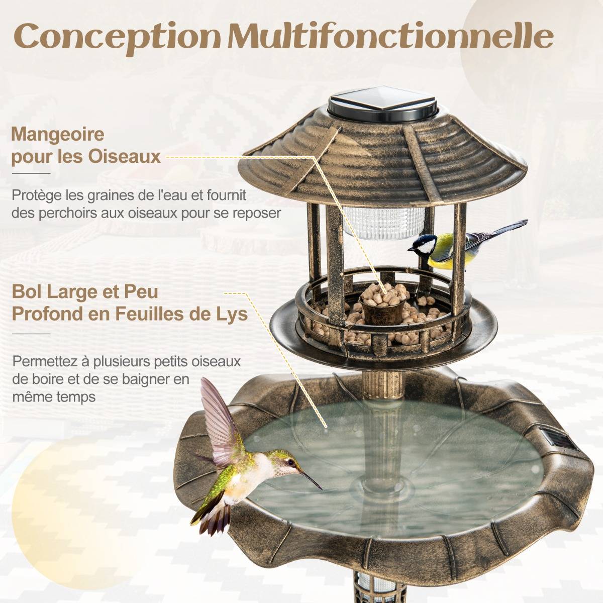 Maison Chic - Bain d'Oiseaux Énergie Solaire Décoration d'Extérieur sur Pied Rétro Éclairé avec 2 Lampes Mangeoire Abreuvoir Bronze - Image 9