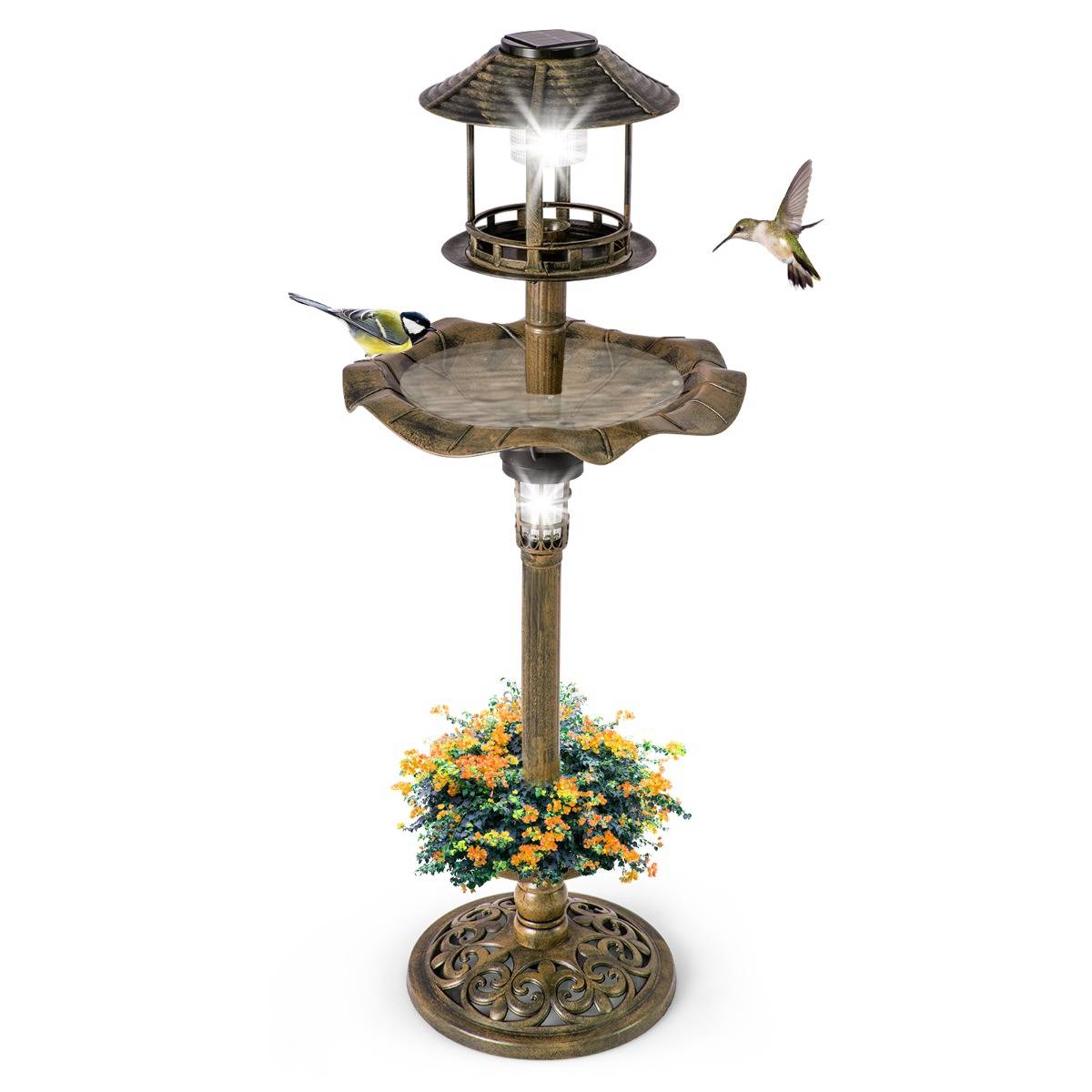 Maison Chic - Bain d'Oiseaux Énergie Solaire Décoration d'Extérieur sur Pied Rétro Éclairé avec 2 Lampes Mangeoire Abreuvoir Bronze - Image 5