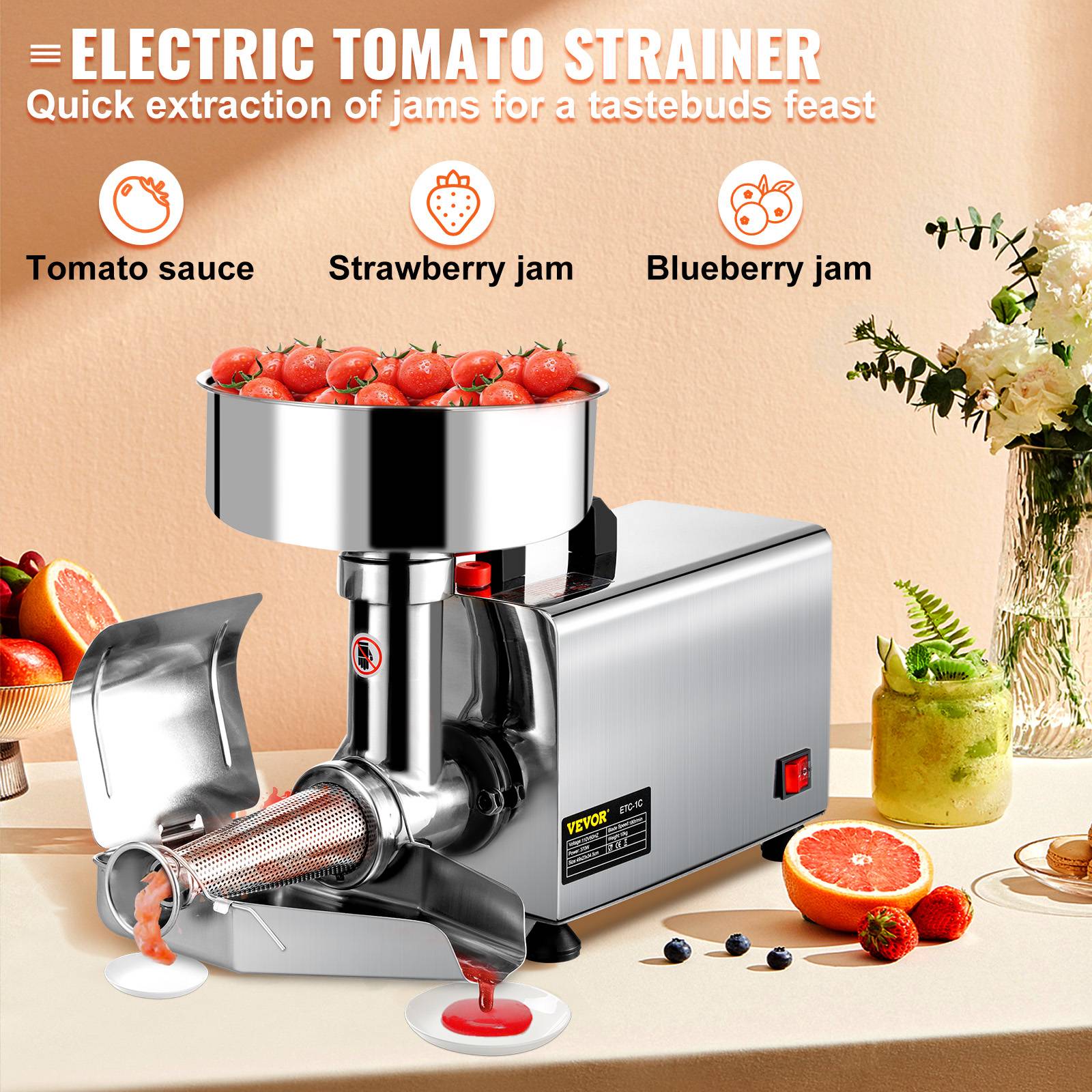 VEVOR Presse tomates électrique 370W, pour coulis, purée et confiture. - Image 2