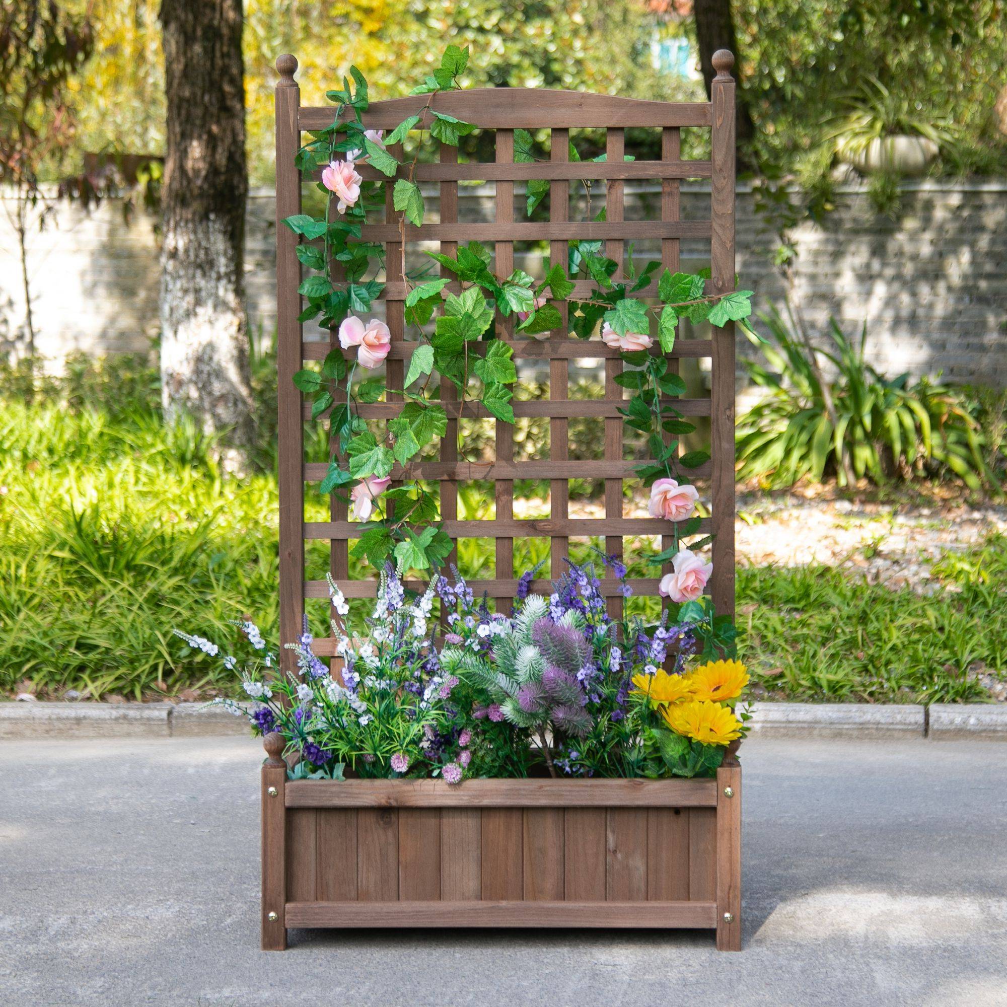 Jardinière avec treillis bois sapin balcon terrasse drainage de l'eau 64x28x120cm marron - ComfortXL Outdoor Living - Image 4
