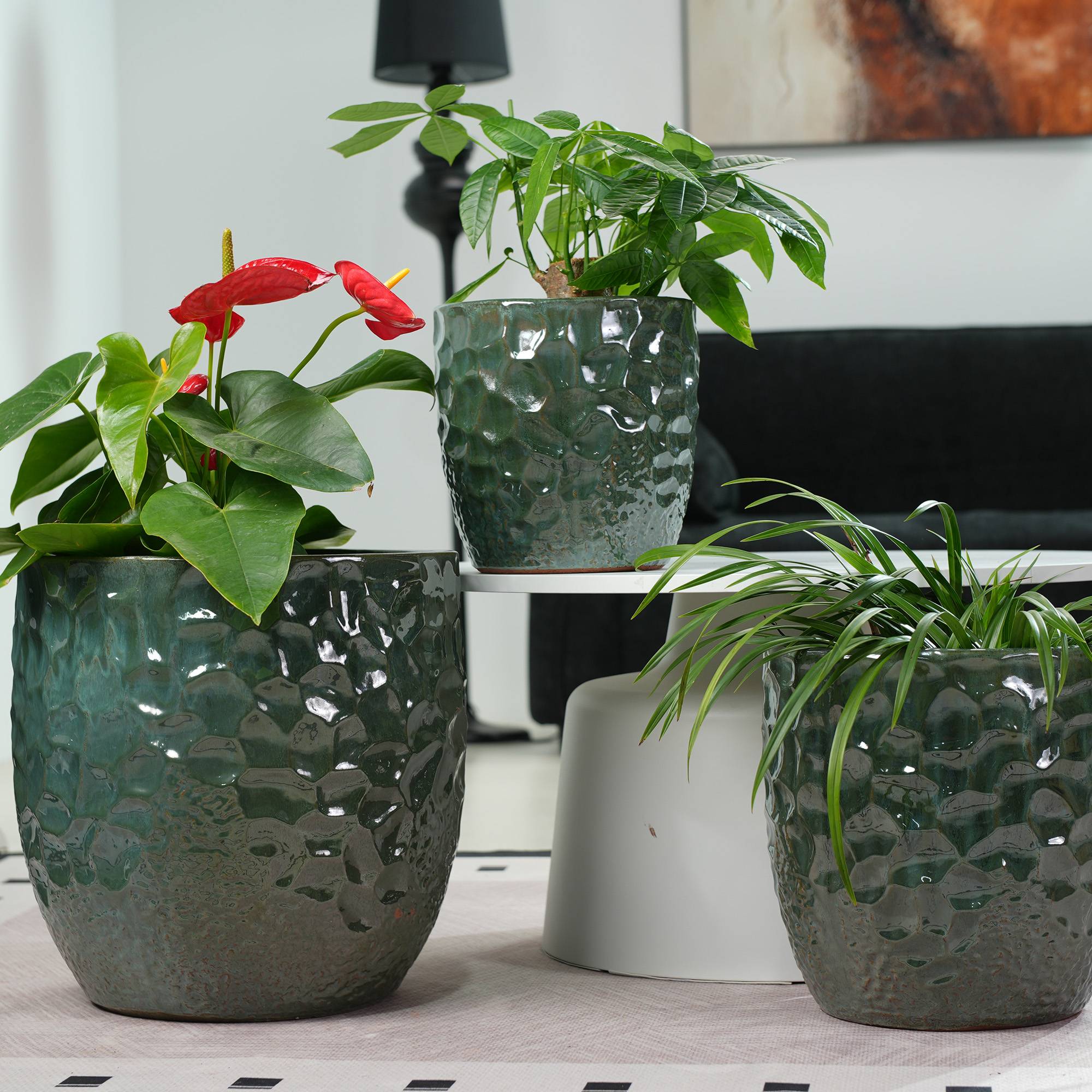 ComfortXL - Pot de fleurs céramique vert foncé Ø30 cm balcon terrasse relief martelé drainage - ComfortXL Outdoor Living - Image 3