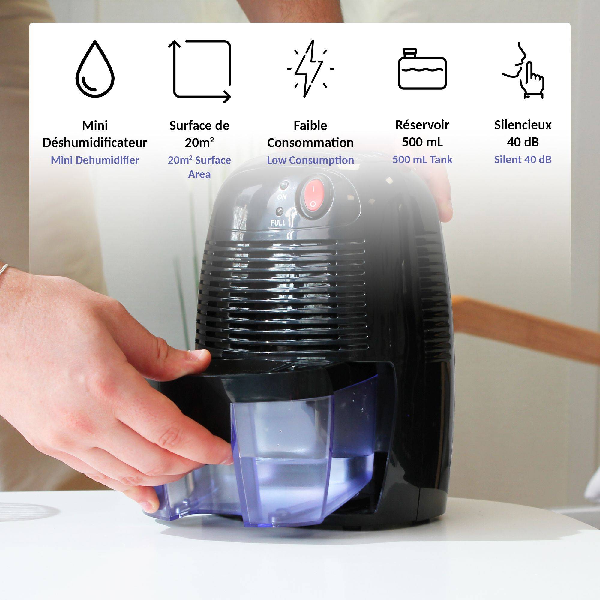 FISHTEC Déshumidificateur électrique compact et silencieux - Capacité de 250 ml par jour avec Réservoir de 500 ml - 20 m² - Image 3