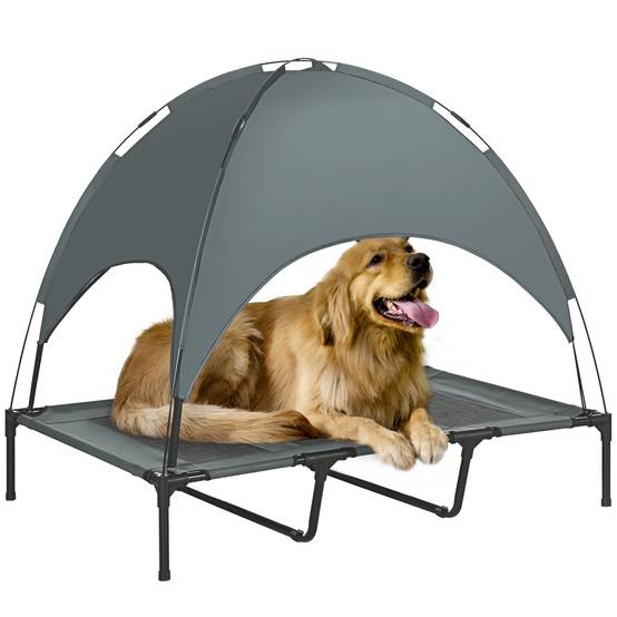 Lit de camp surélevé chien métal tissu pour extérieur avec parasol anti-UV 122cm gris - ComfortXL Outdoor Living - Image 1