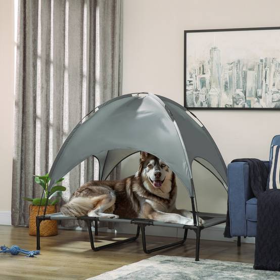 Lit de camp surélevé chien métal tissu pour extérieur avec parasol anti-UV 122cm gris - ComfortXL Outdoor Living - Image 3