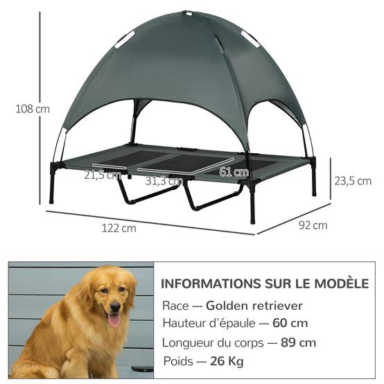 Lit de camp surélevé chien métal tissu pour extérieur avec parasol anti-UV 122cm gris - ComfortXL Outdoor Living - Image 5
