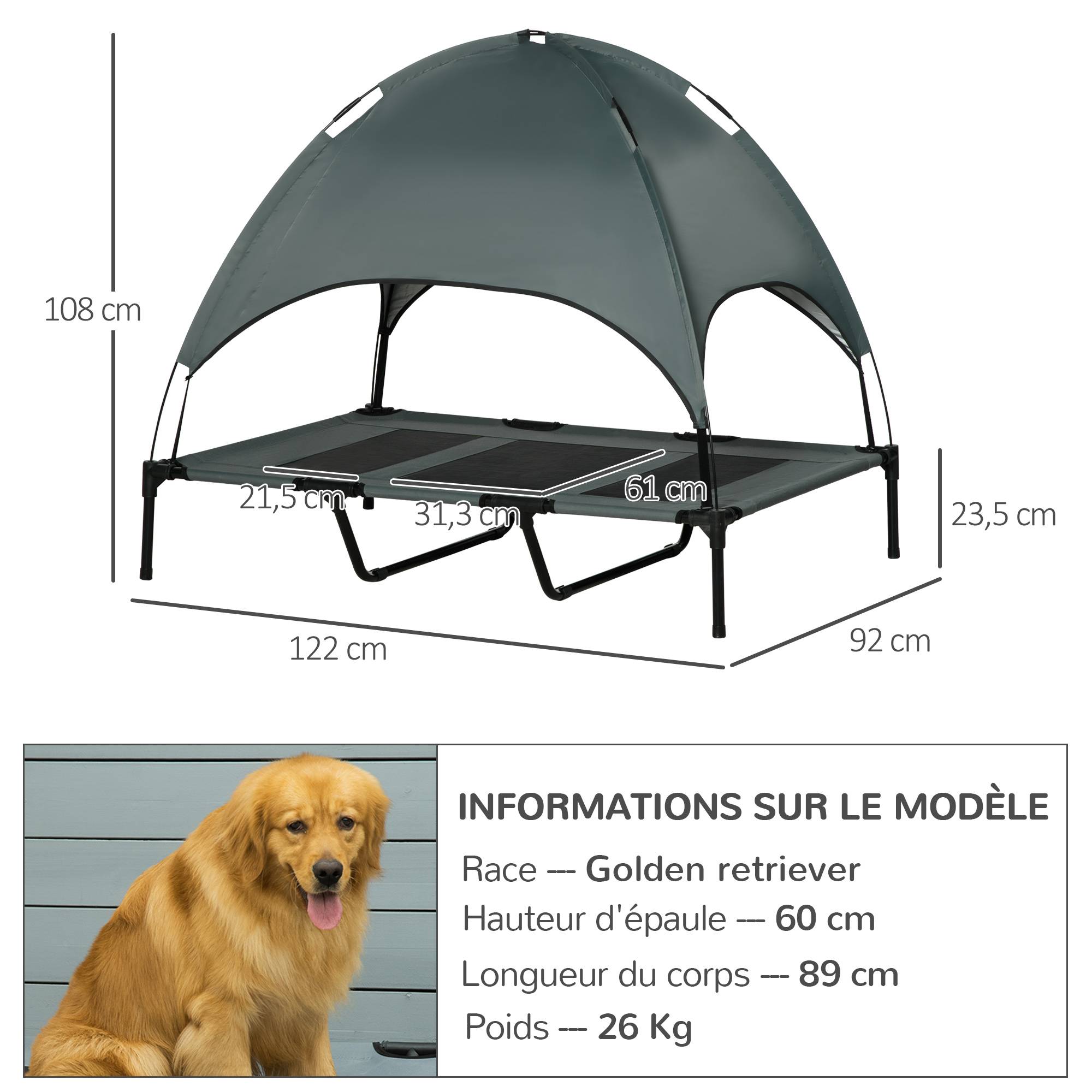 Lit de camp surélevé chien métal tissu pour extérieur avec parasol anti-UV 122cm gris - ComfortXL Outdoor Living - Image 5