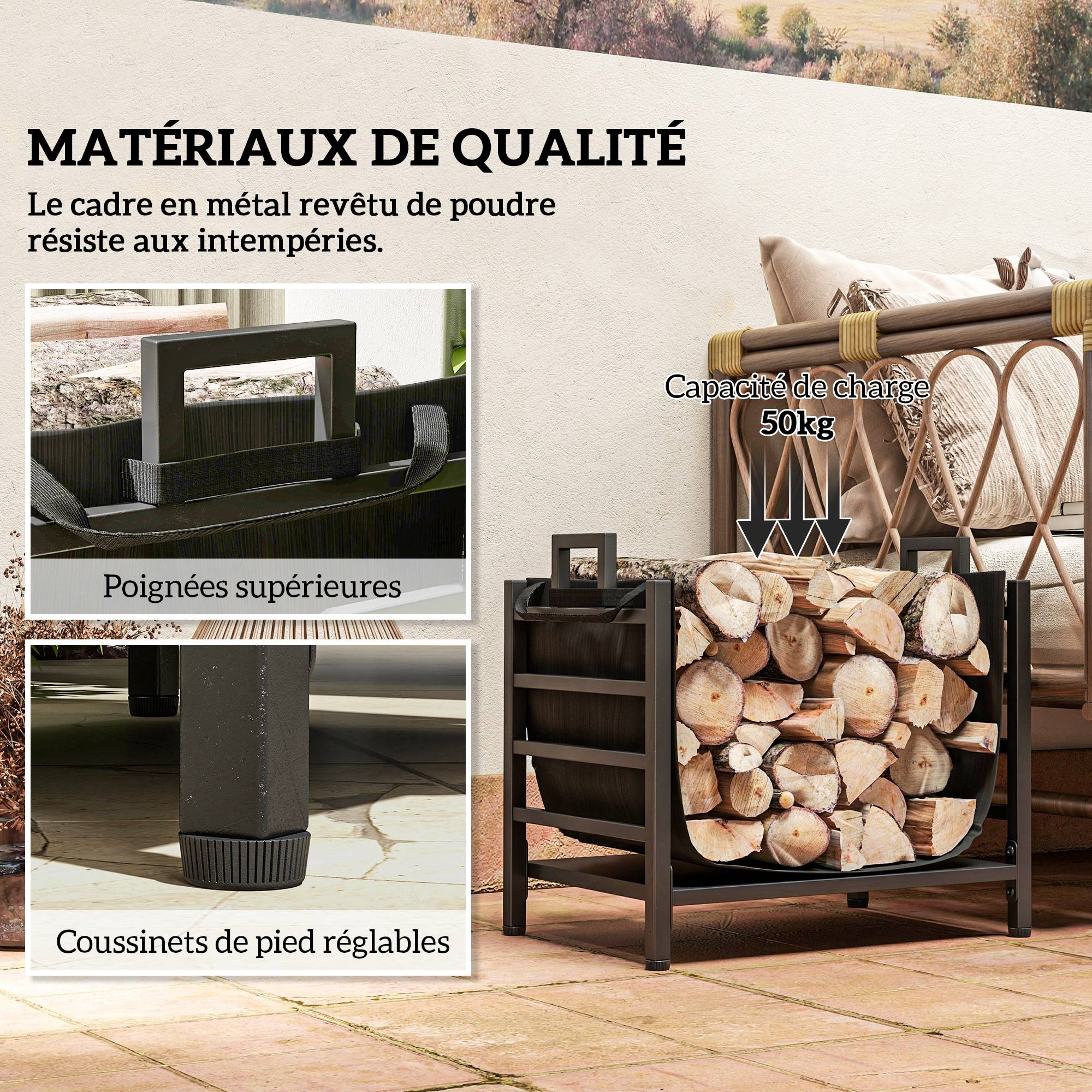 ComfortXL - Range-bûches intérieur métal avec sac transport tissu amovible 44cm noir - ComfortXL Outdoor Living - Image 8