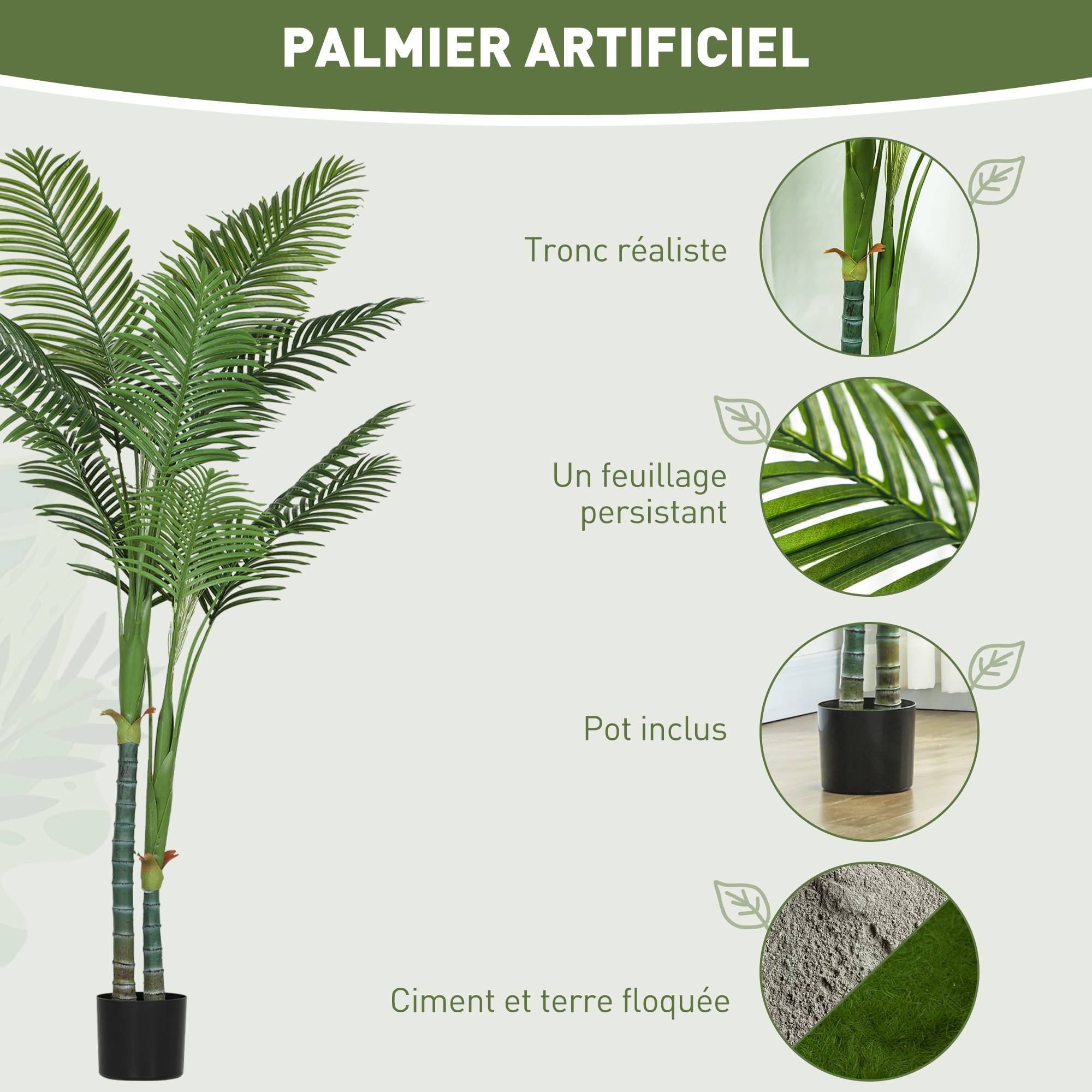 Grand palmier Areca artificiel plastique salon effet naturel 180 cm vert - ComfortXL Outdoor Living - Image 6