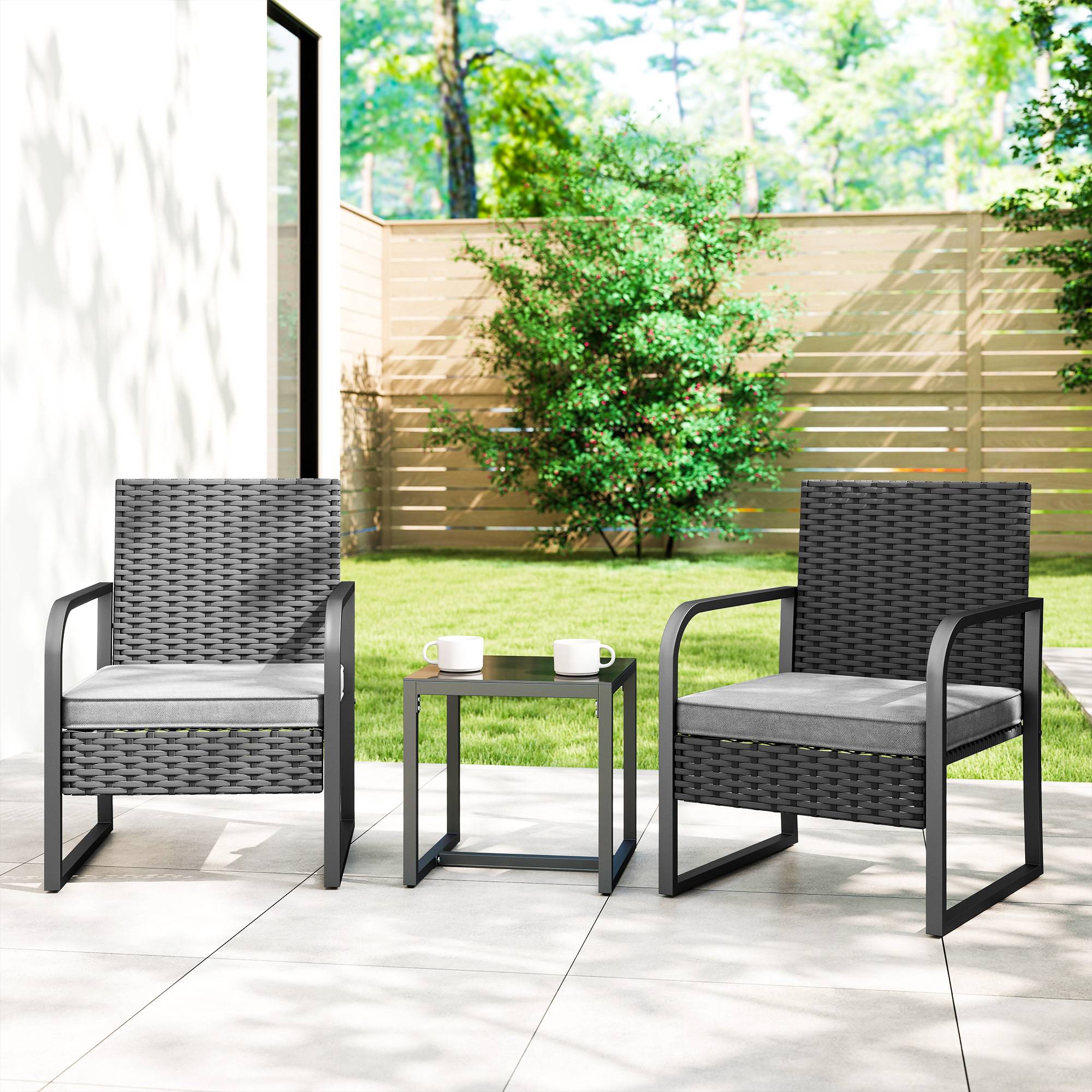 ComfortXL - Petit Salon de Jardin Balcon Résine Tressée 2 Fauteuils Table Verre Gris Foncé Noir - ComfortXL Outdoor Living - Image 3