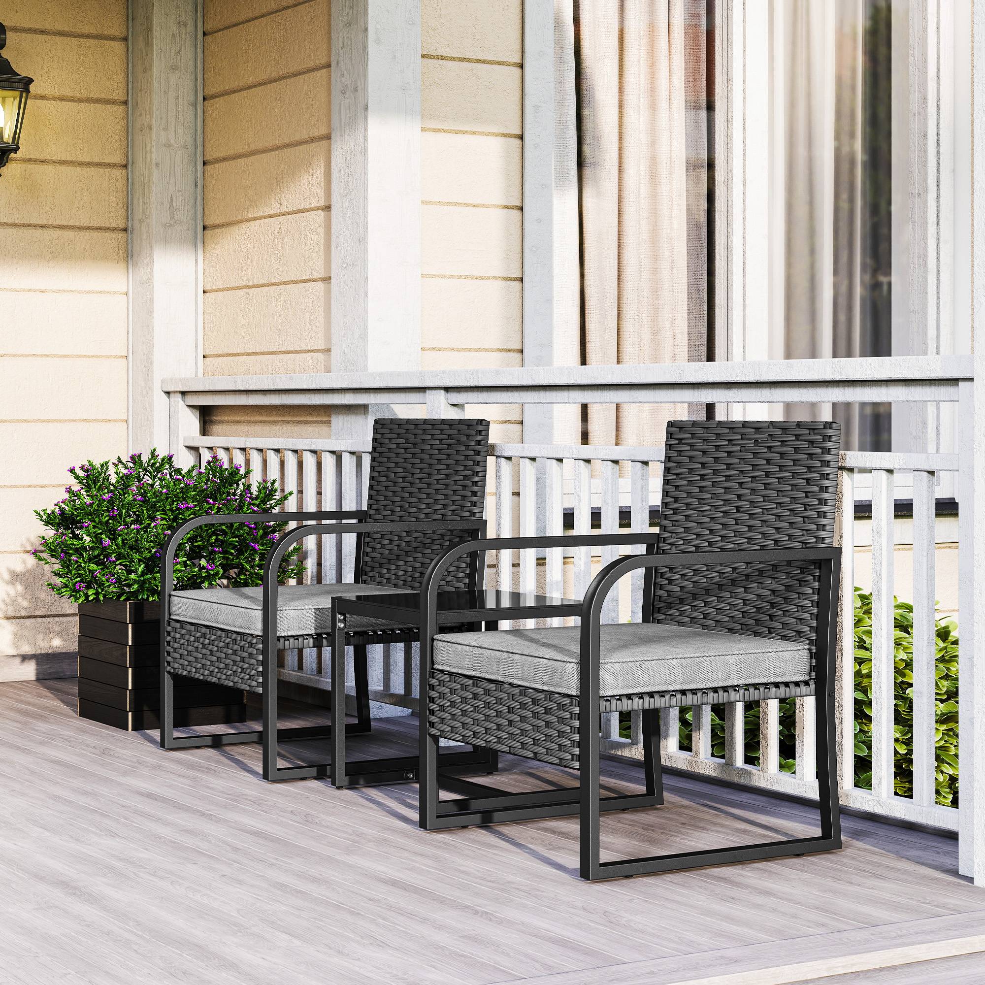 ComfortXL - Petit Salon de Jardin Balcon Résine Tressée 2 Fauteuils Table Verre Gris Foncé Noir - ComfortXL Outdoor Living - Image 4