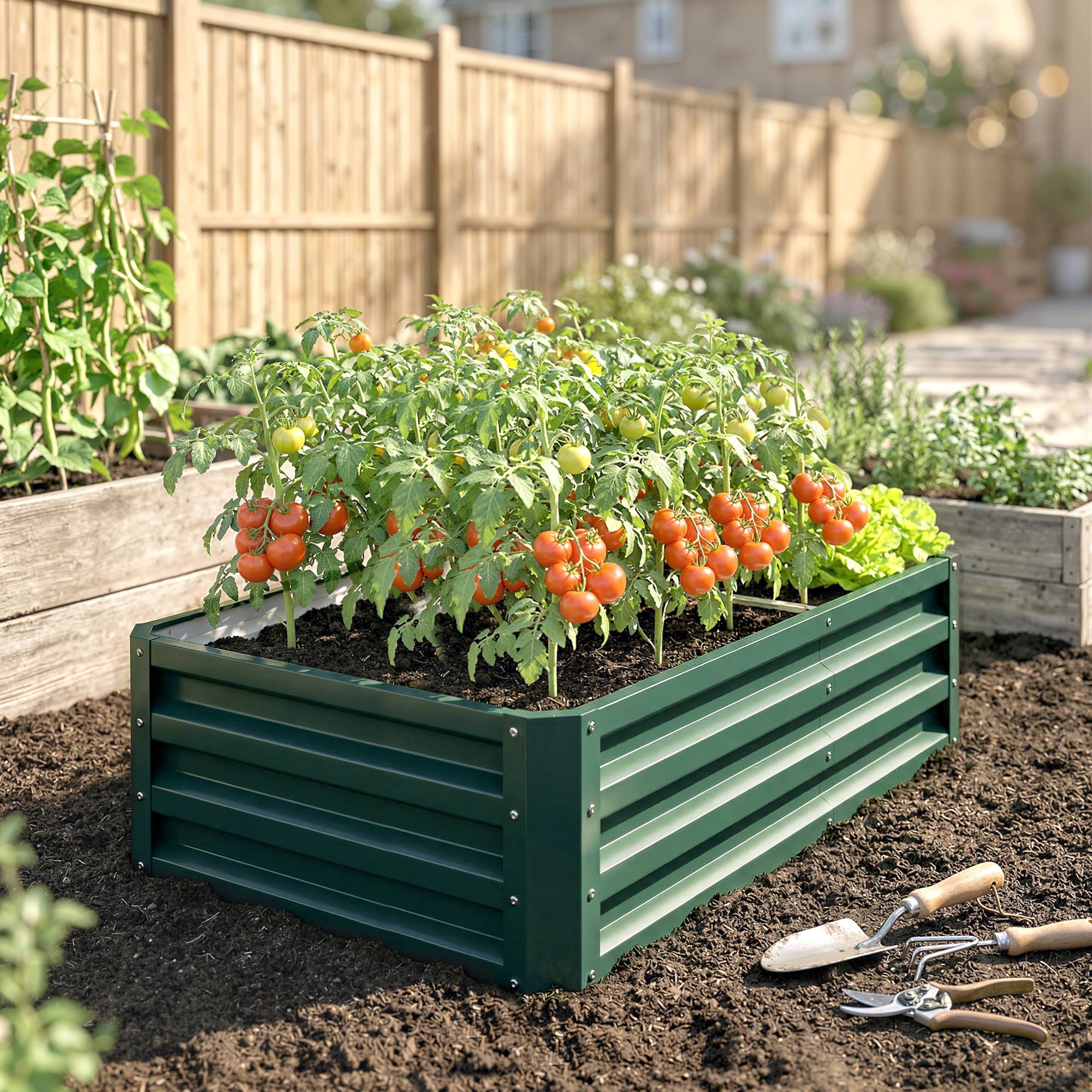 Carré potager de jardin rectangulaire tôle d'acier ondulée 120 x 60 x 30 cm vert foncé - Image 9