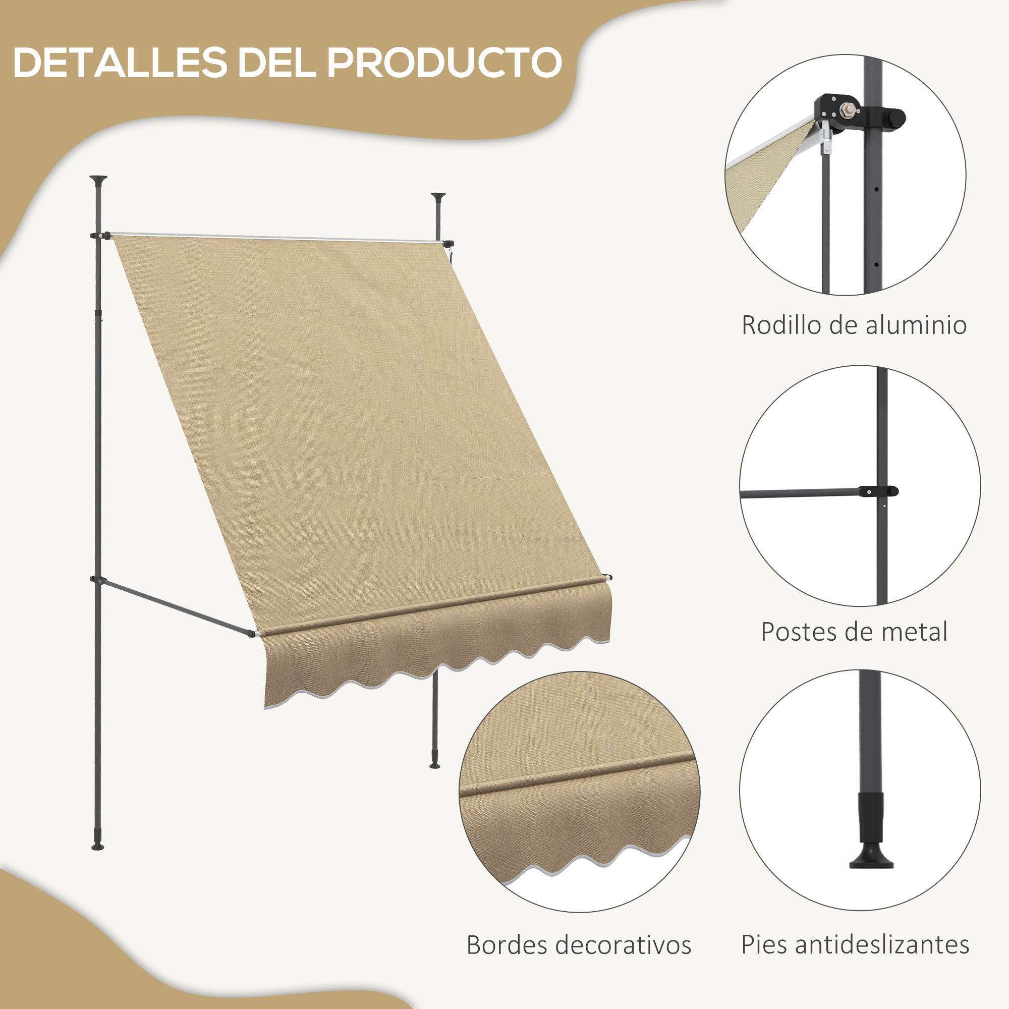 Store banne rétractable manuel à manivelle 200 x 120 x 210-300 cm, hauteur réglable, imperméable et anti-UV, beige - Image 9