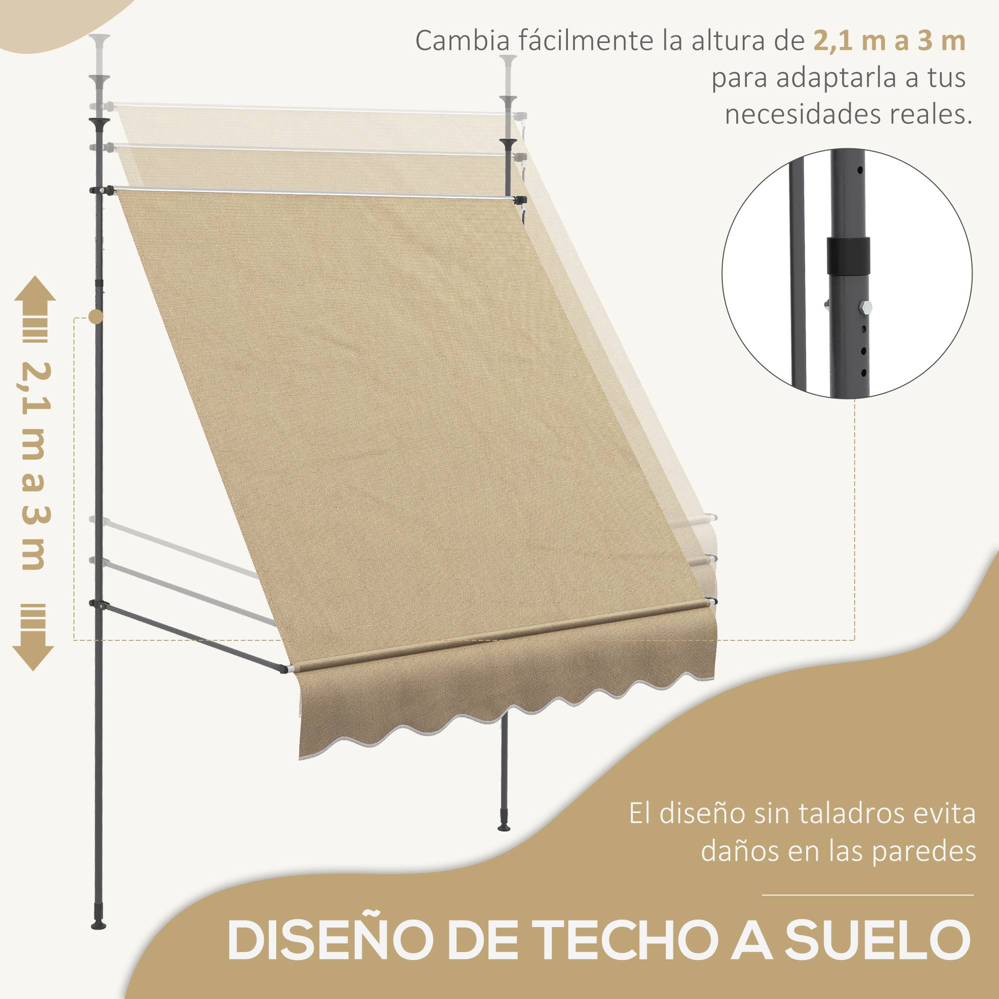Store banne rétractable manuel à manivelle 200 x 120 x 210-300 cm, hauteur réglable, imperméable et anti-UV, beige - Image 6