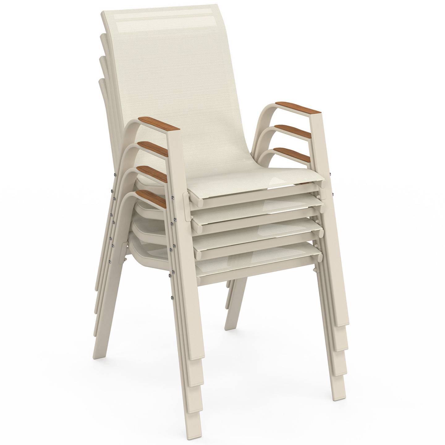 Salon de jardin NOUMEA table 190 cm plateau verre trempé effet bois et 8 chaises empilables beige et bois - Image 4