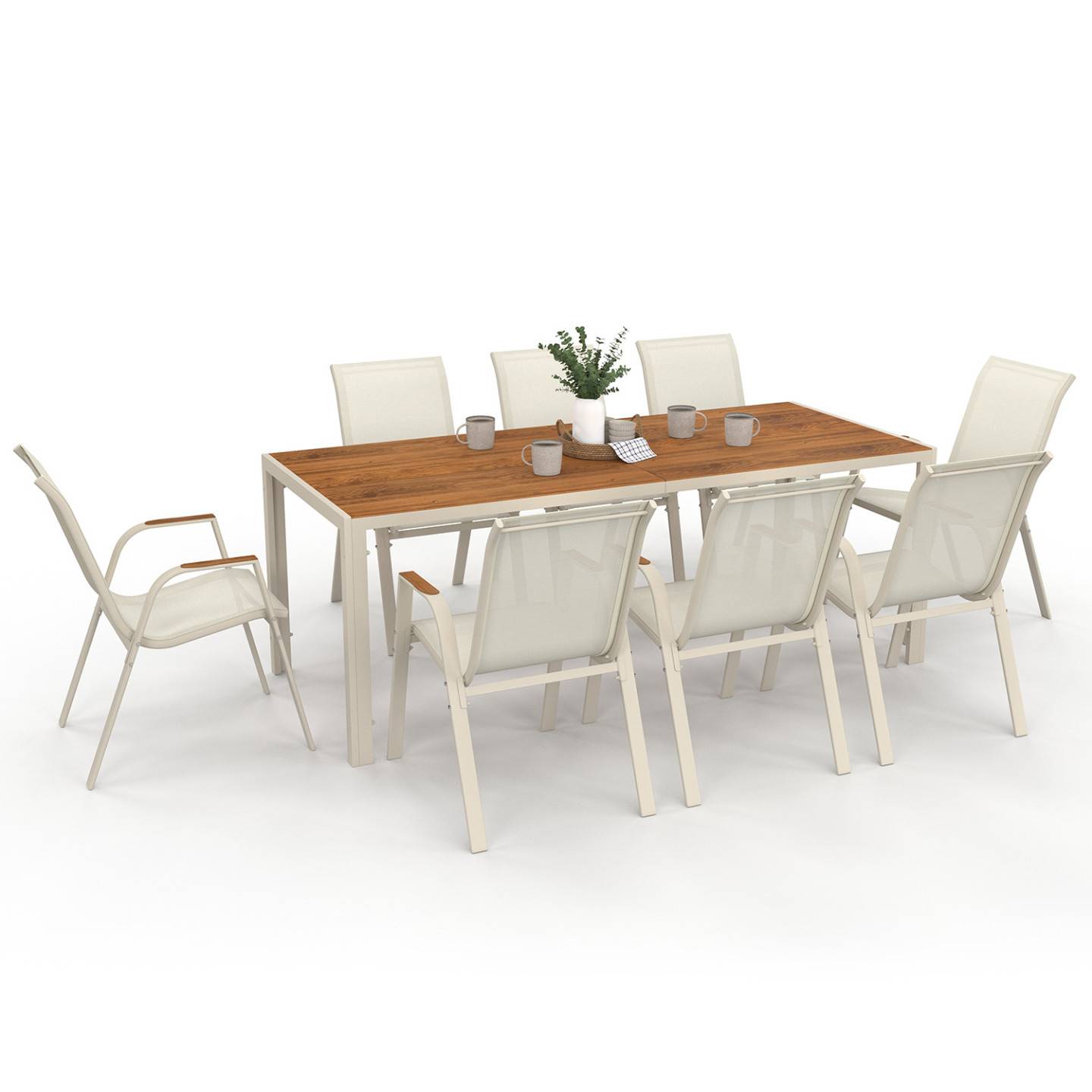 Salon de jardin NOUMEA table 190 cm plateau verre trempé effet bois et 8 chaises empilables beige et bois - Image 2
