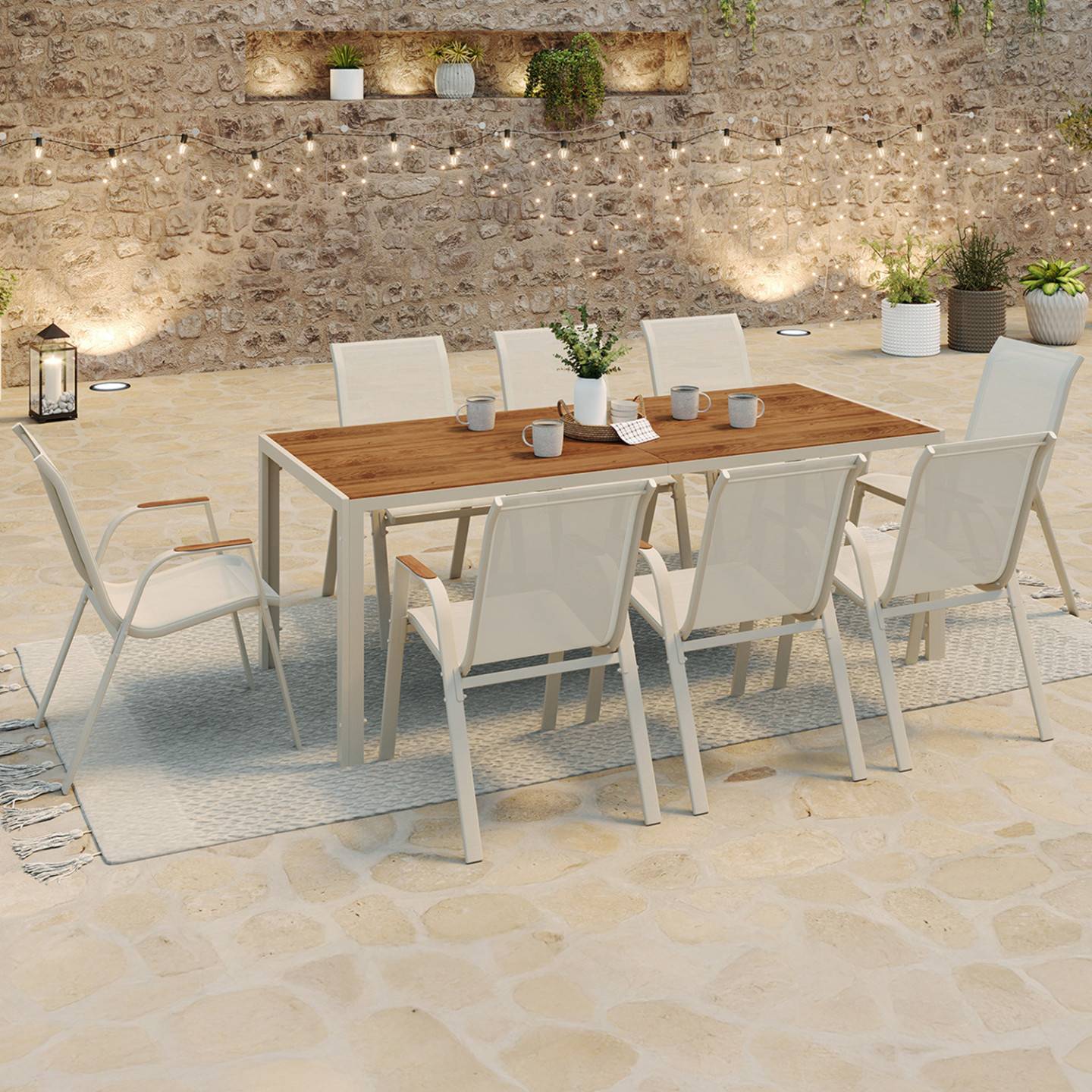 Salon de jardin NOUMEA table 190 cm plateau verre trempé effet bois et 8 chaises empilables beige et bois - Image 1