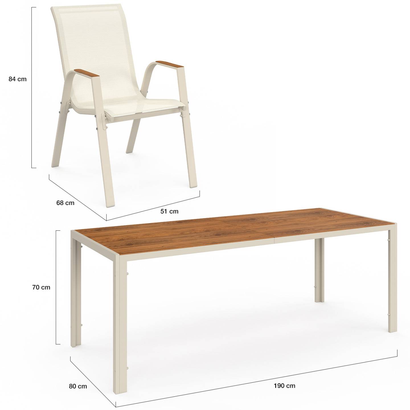 Salon de jardin NOUMEA table 190 cm plateau verre trempé effet bois et 8 chaises empilables beige et bois - Image 5