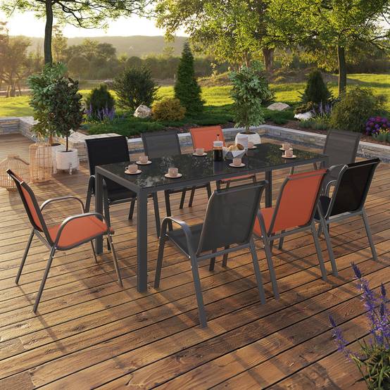 Salon de jardin table 190 cm + 8 chaises empilables mix color gris noir terracotta – MADRID – ID Market - Image 1