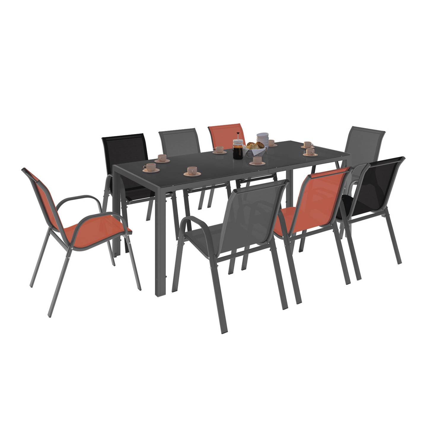 Salon de jardin table 190 cm + 8 chaises empilables mix color gris noir terracotta – MADRID – ID Market - Image 2