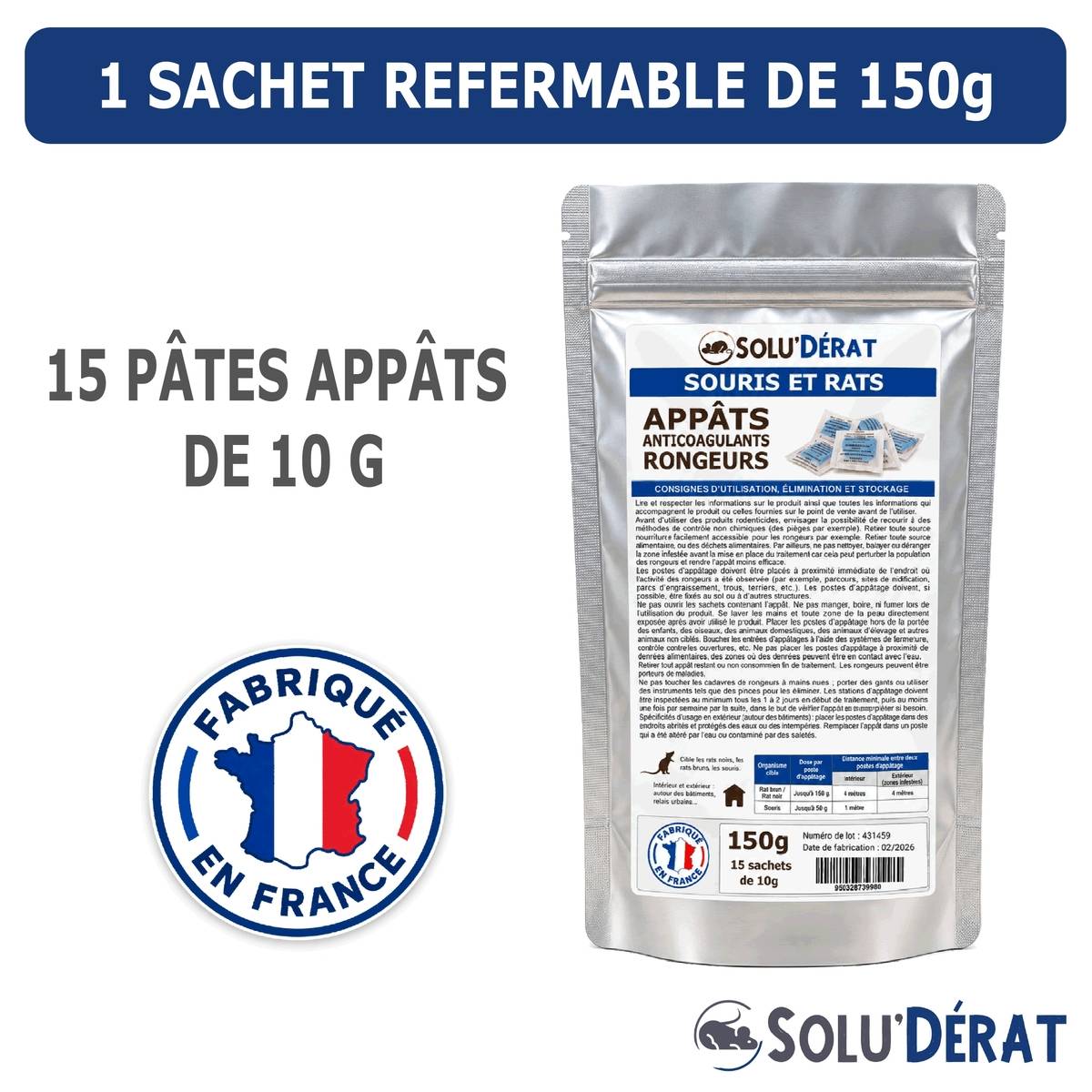 Tout pour les nuisibles - SOLU’DÉRAT Appâts Pâtes Fraîches Rats & Souris – Sachet 150 g / 15 pâtes – Rodenticide au Diféthialone 0,0025 % - Image 4