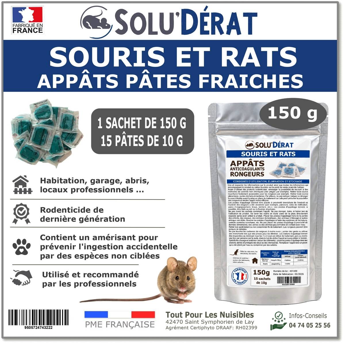 Tout pour les nuisibles - SOLU’DÉRAT Appâts Pâtes Fraîches Rats & Souris – Sachet 150 g / 15 pâtes – Rodenticide au Diféthialone 0,0025 % - Image 1