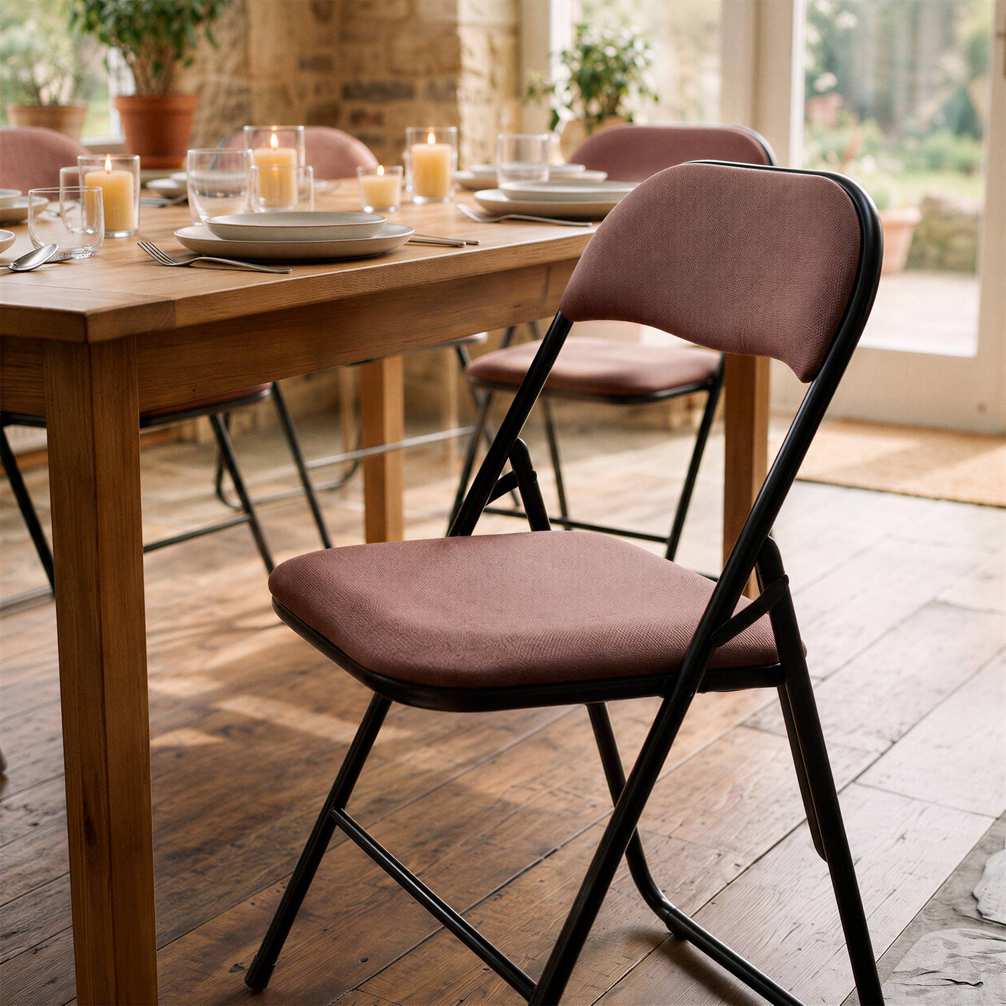 Sicaan Lot de 6 chaises pliantes rembourrées en tissu marron et pieds métal noir - GRETA - Image 4