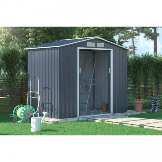 Sans Marque - Abri de jardin en métal 2,71 m² - 213 x 127 x 195 cm - PLUTON - Kit d'ancrage inclus, 2 portes coulissantes - Gris - Image 3