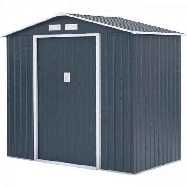 Sans Marque - Abri de jardin en métal 2,71 m² - 213 x 127 x 195 cm - PLUTON - Kit d'ancrage inclus, 2 portes coulissantes - Gris - Image 1
