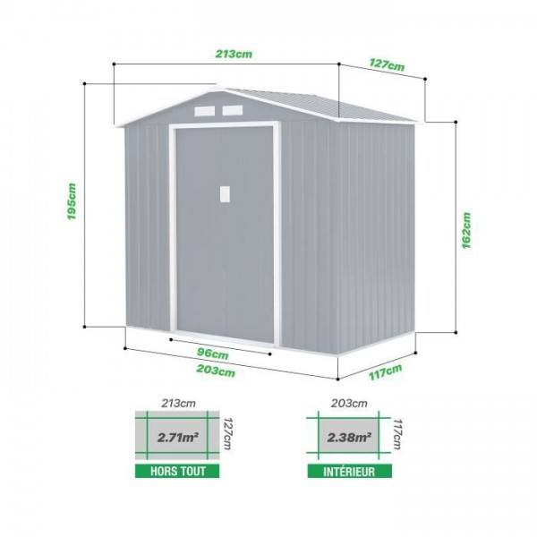 Sans Marque - Abri de jardin en métal 2,71 m² - 213 x 127 x 195 cm - PLUTON - Kit d'ancrage inclus, 2 portes coulissantes - Gris - Image 4