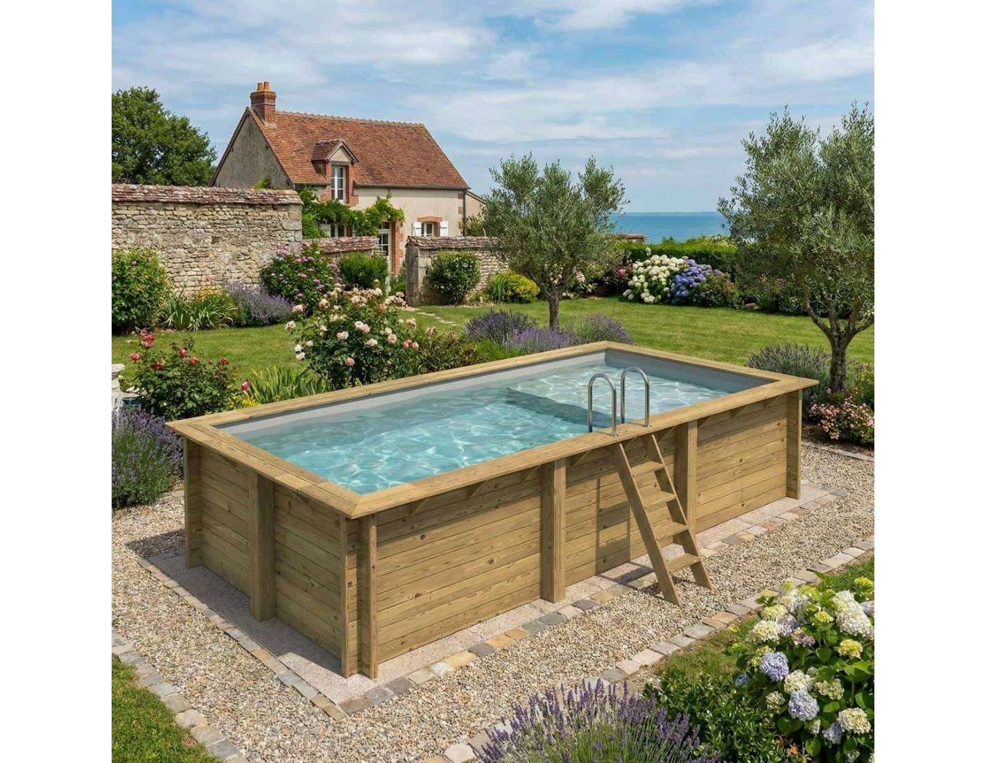 Altanka - Piscine hors sol en bois AQUA 6.1 x 2.85 - H.1.31 m avec plage, gris clair, fixations à visser - BAS7307OSPL2+PLA307 - ALTANKA - Image 1