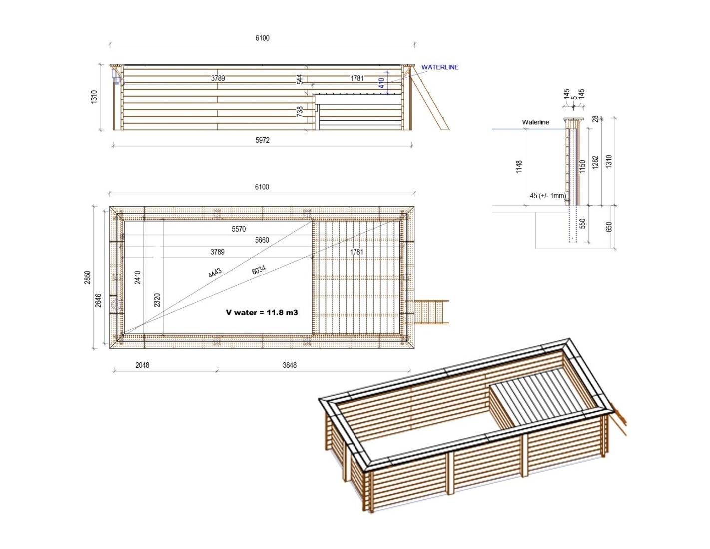 Altanka - Piscine hors sol en bois AQUA 6.1 x 2.85 - H.1.31 m avec plage, gris clair, fixations à visser - BAS7307OSPL2+PLA307 - ALTANKA - Image 4