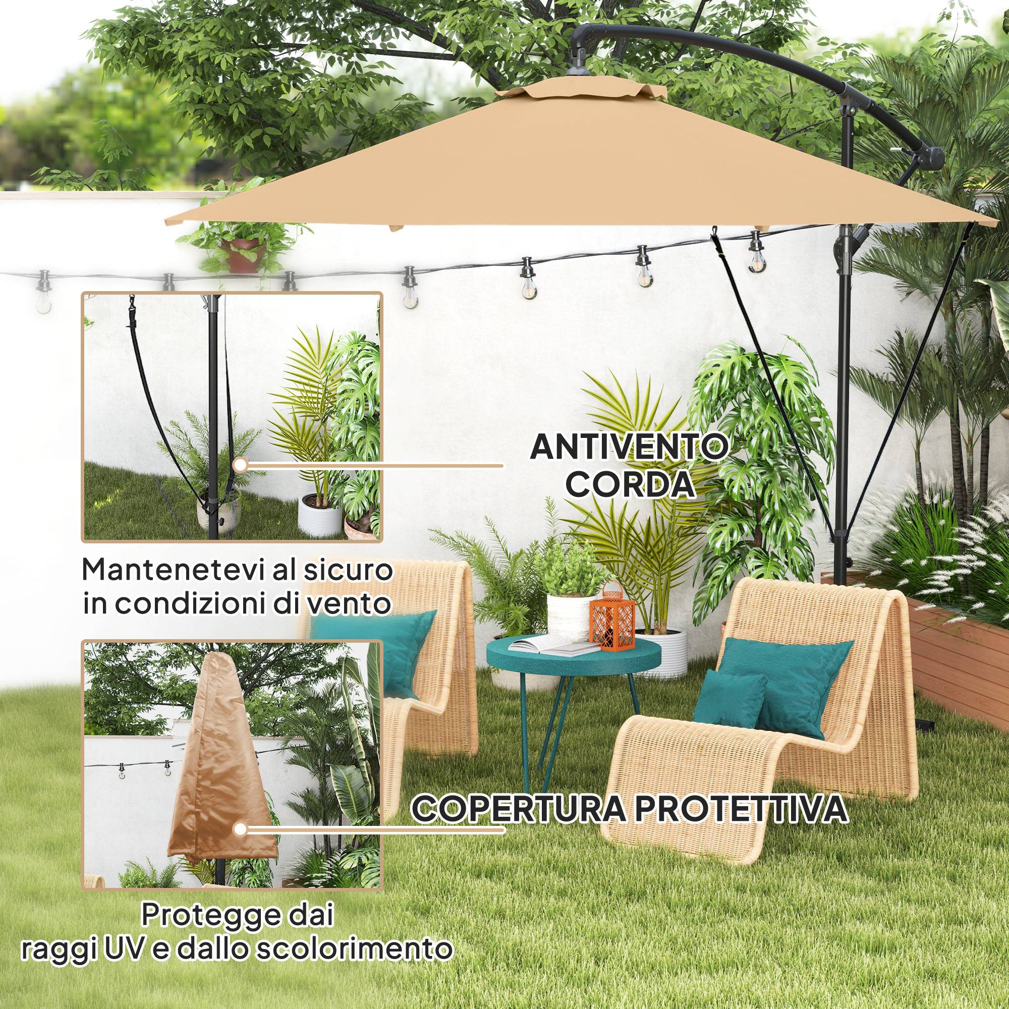 ComfortXL - Parasol déporté métal pour jardin rotatif à 360 degrés et inclinable Ø290cm kaki - ComfortXL Outdoor Living - Image 6