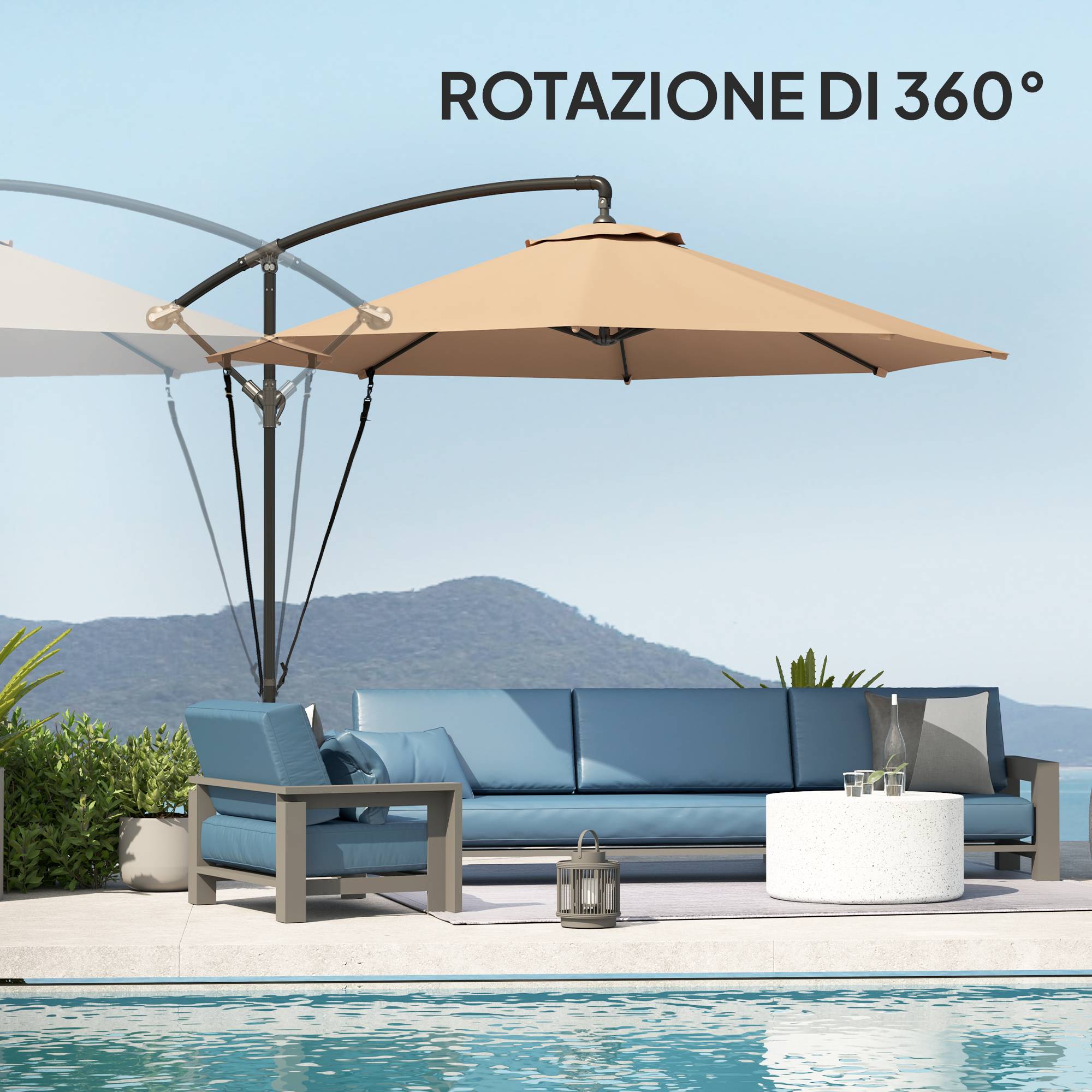 ComfortXL - Parasol déporté métal pour jardin rotatif à 360 degrés et inclinable Ø290cm kaki - ComfortXL Outdoor Living - Image 9