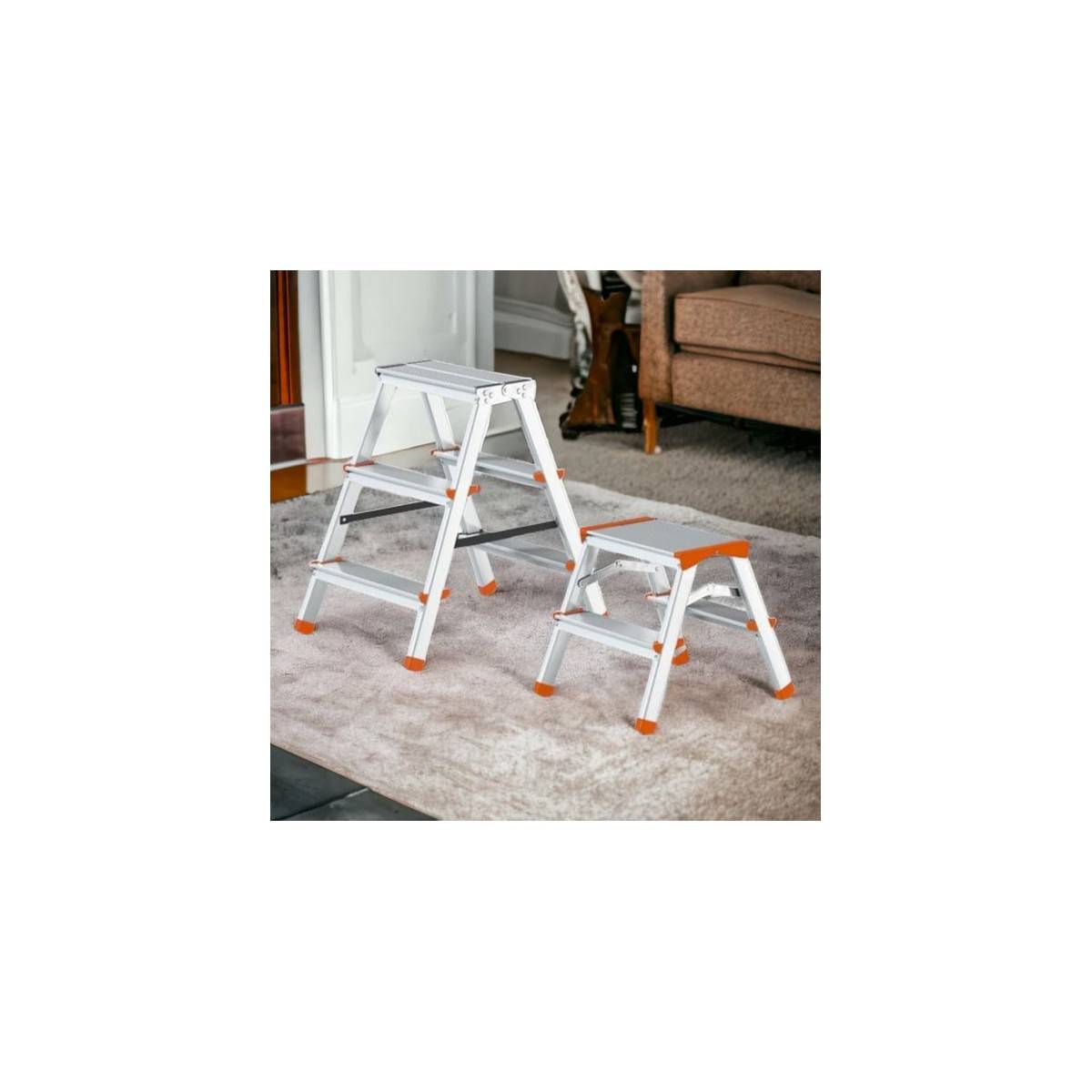 Escabeau 2 marches Marche-pied Aluminium Charge 125 kg Pliable Pieds anti-dérapants BRIXO - Image 4