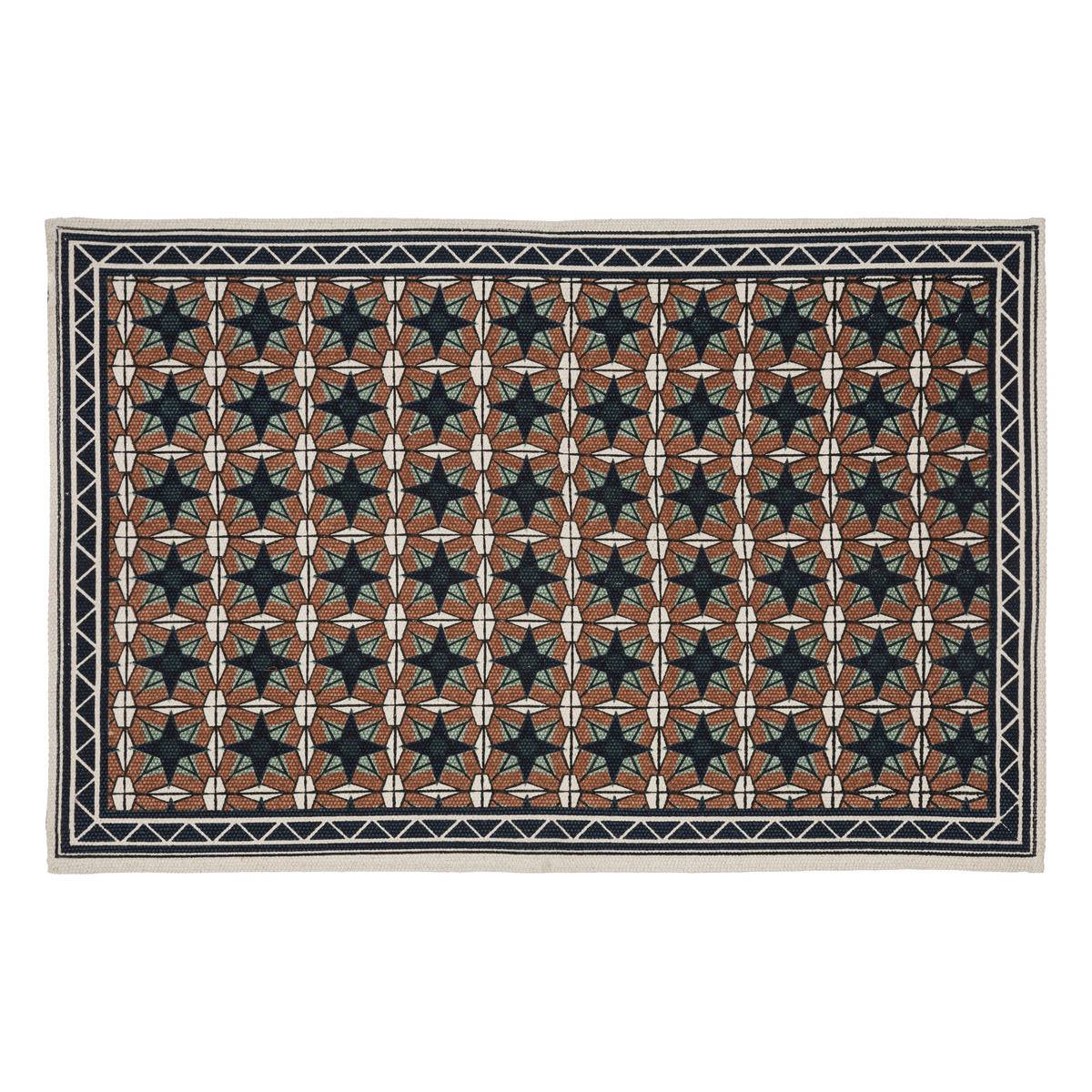 Tapis décoratif en Coton Bleu Camel et Ivoire 60 x 90 cm - Image 1