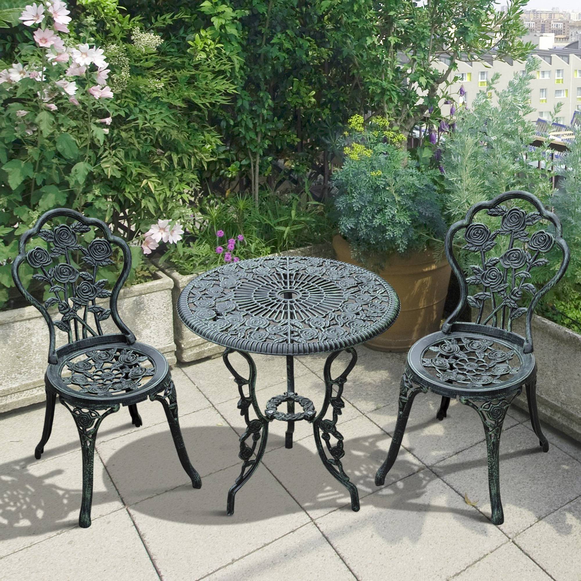 ComfortXL - Salon de jardin bistrot fonte aluminium terrasse motif roses 60cm vert bronze - ComfortXL Outdoor Living - Image 1