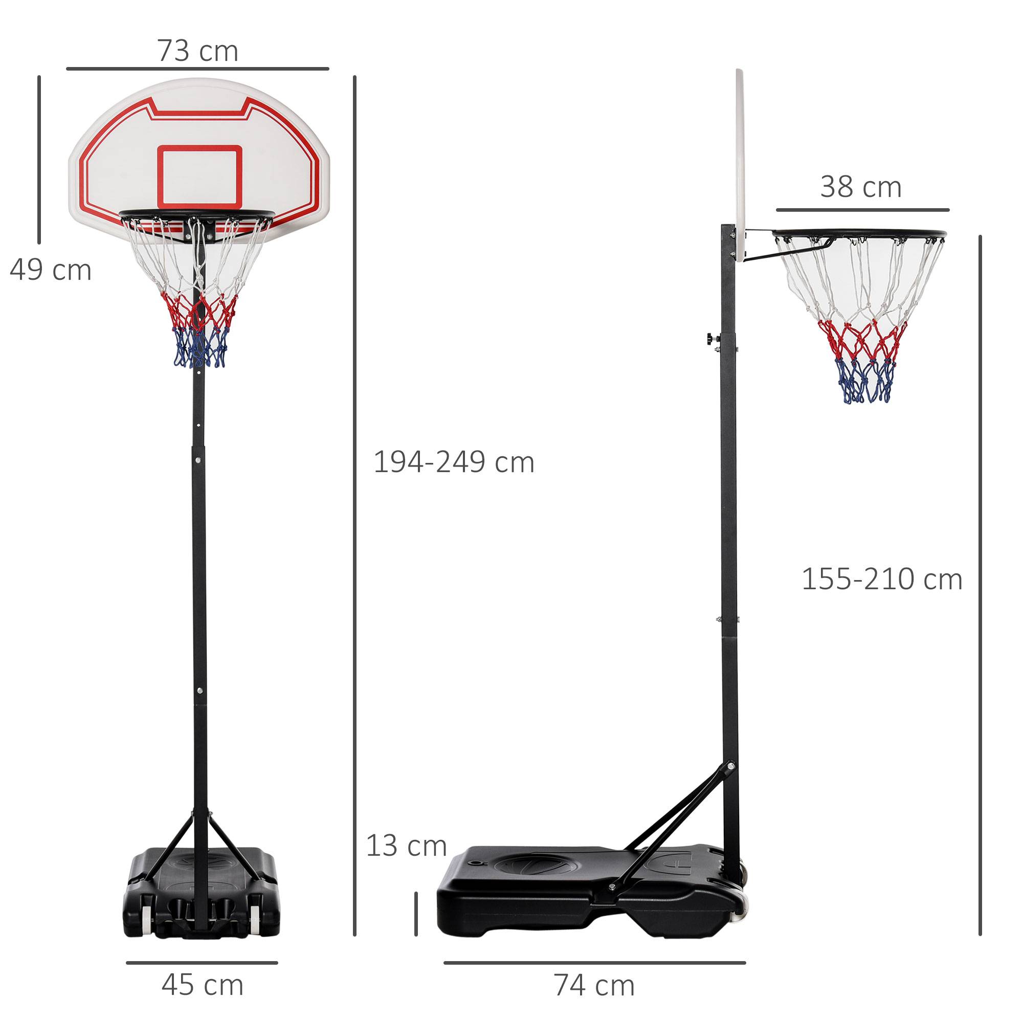 ComfortXL - Panier de basket sur pied acier et plastique blanc rouge hauteur 155-210 cm base lestable à roulettes extérieur - Image 3